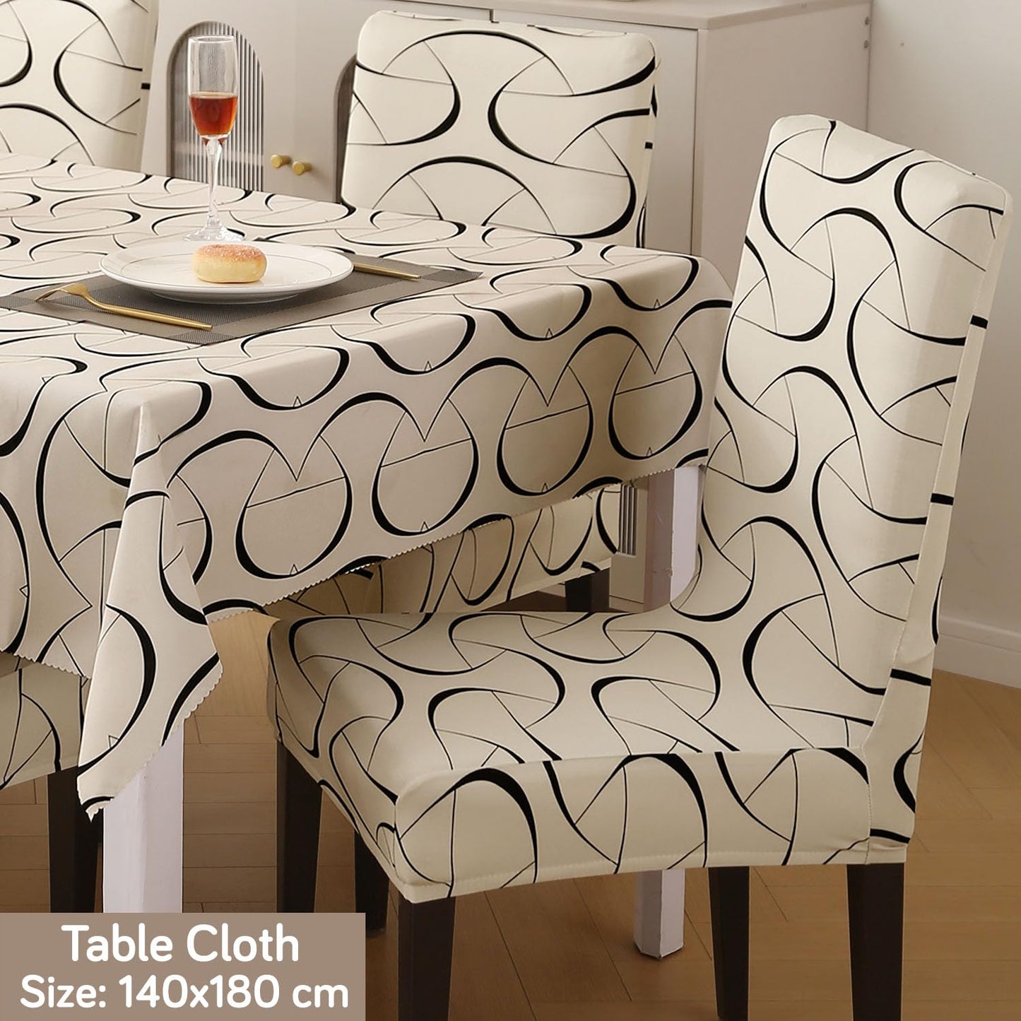 Elastic Dining Chair Covers with Matching Tablecloth, Natural Beige Abstract Art