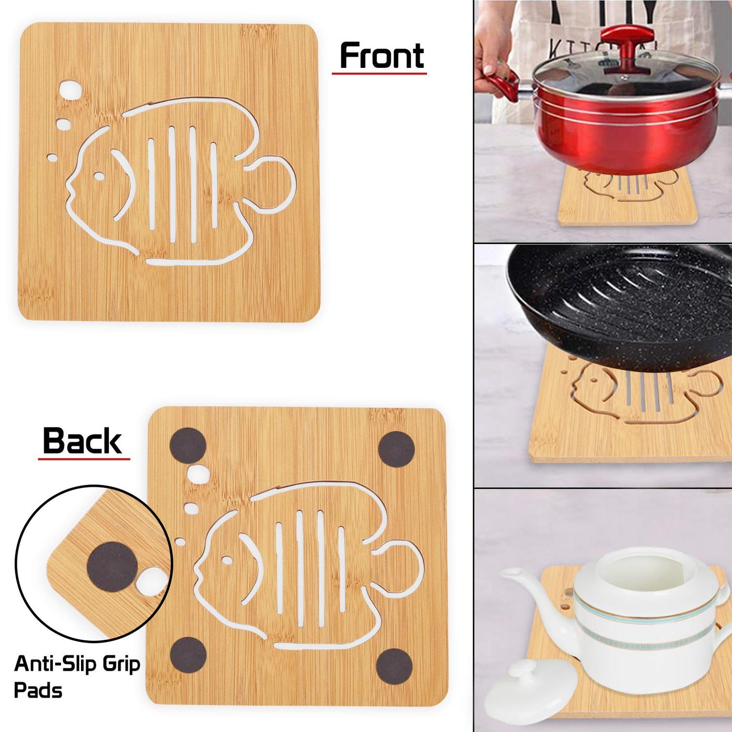 HOKIPO Eco-Friendly Bamboo Wooden Coasters for Home Pan Pot Holder - Pack of 2/4/6