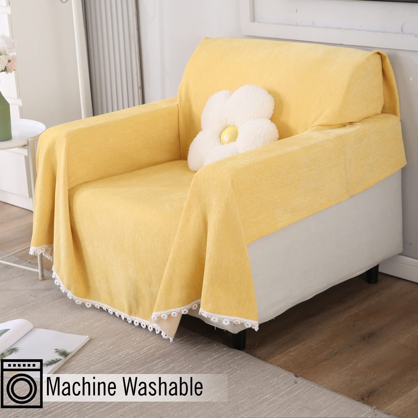 Buy 1 Seater elegant Yellow colour chenille sofa throw of size 180(D)x180(L)