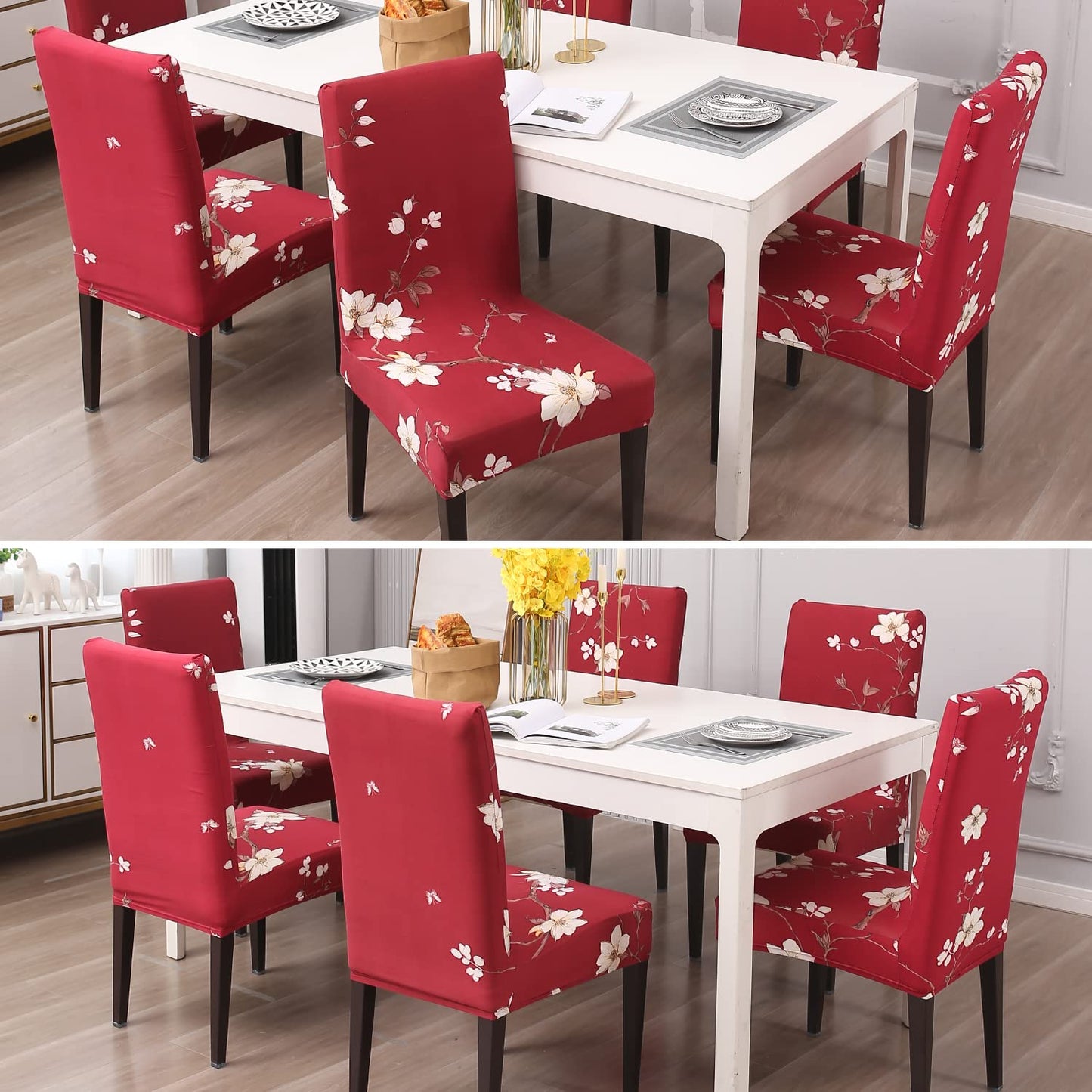 Elastic Stretchable Dining Chair Cover, Red White Jasmine Flowers