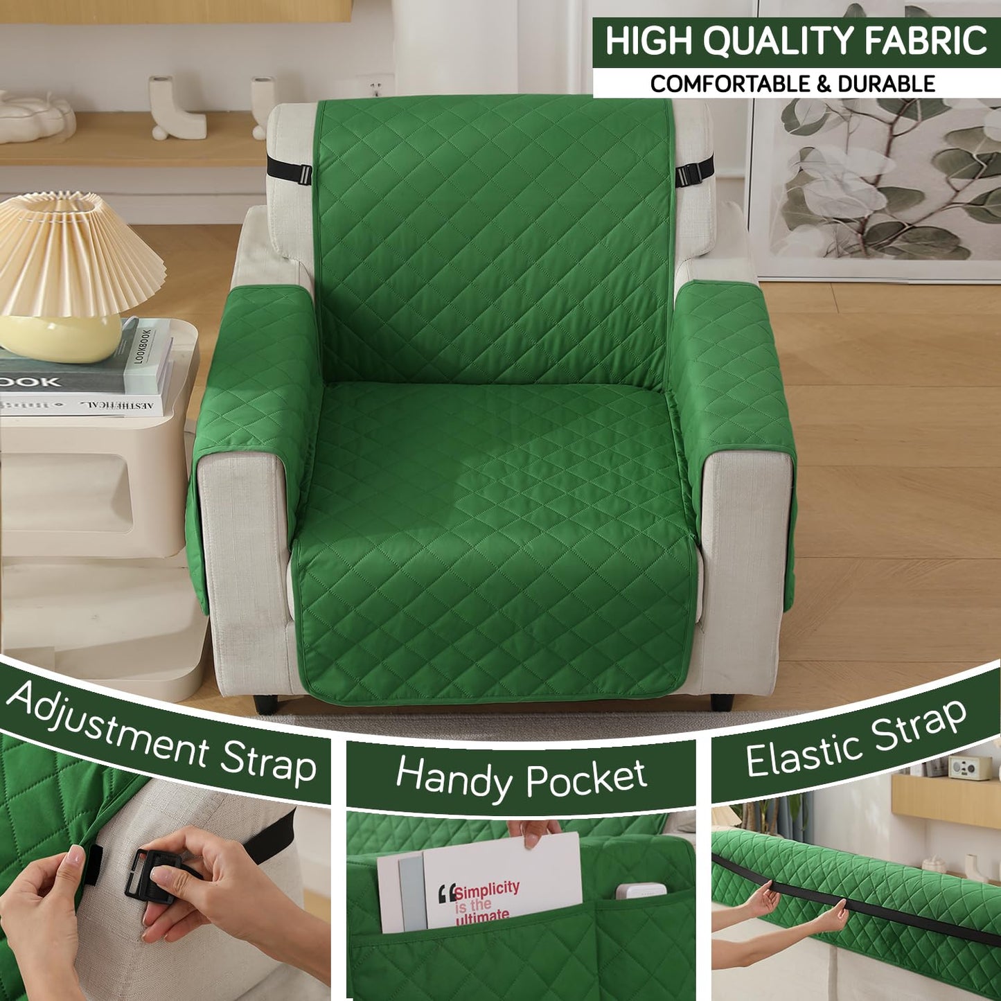 Quilted Waterproof Sofa Cover Mat with Pockets on Armrest Cover - Green