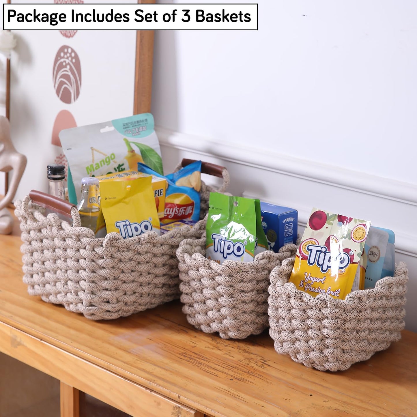 Eco-Friendly Thick Cotton Rope Storage Baskets Set of 3, Beige