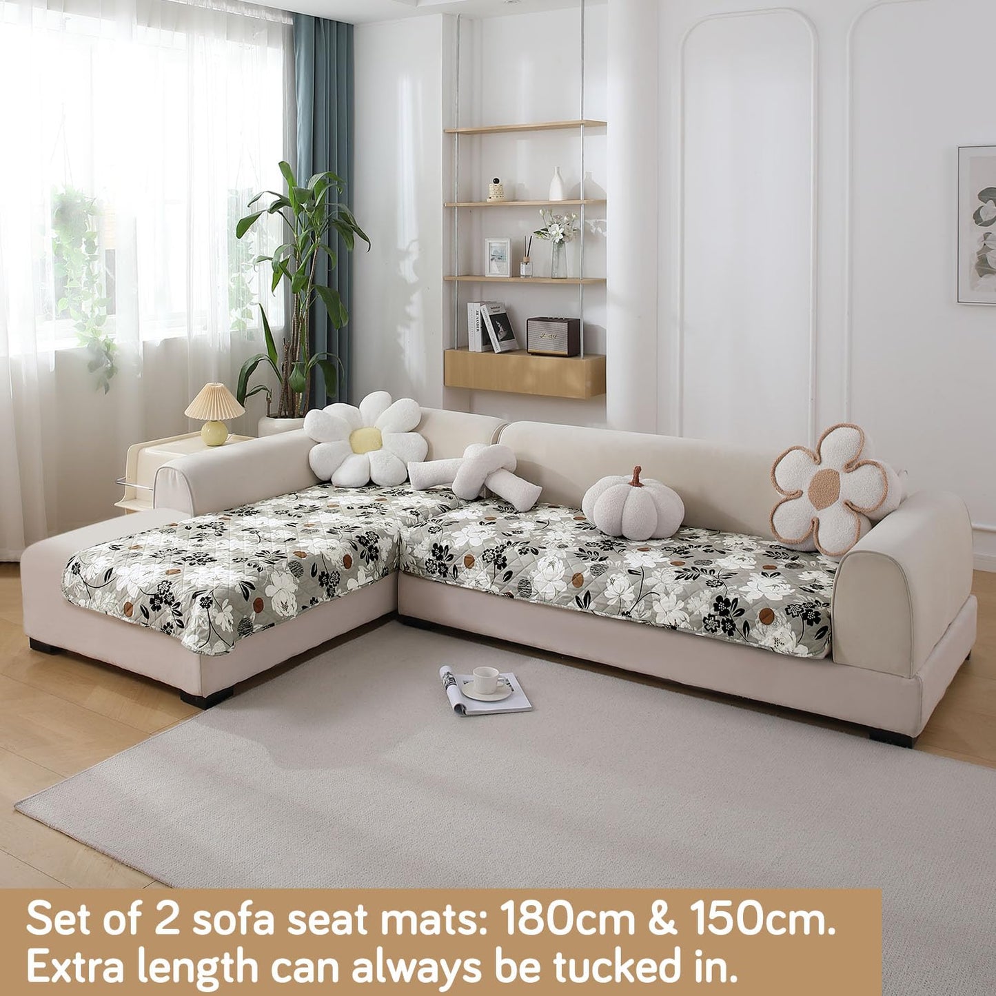 Waterproof Printed Quilted Quick Dry L Shape Sofa Seat Cover Mat, Feather Brown Floral