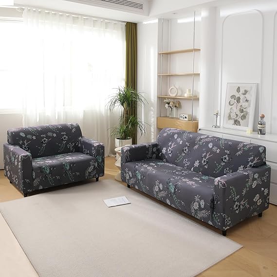 Bentonite Grey Budding Florals Printed elastic sofa cover 3 2 seater sofas