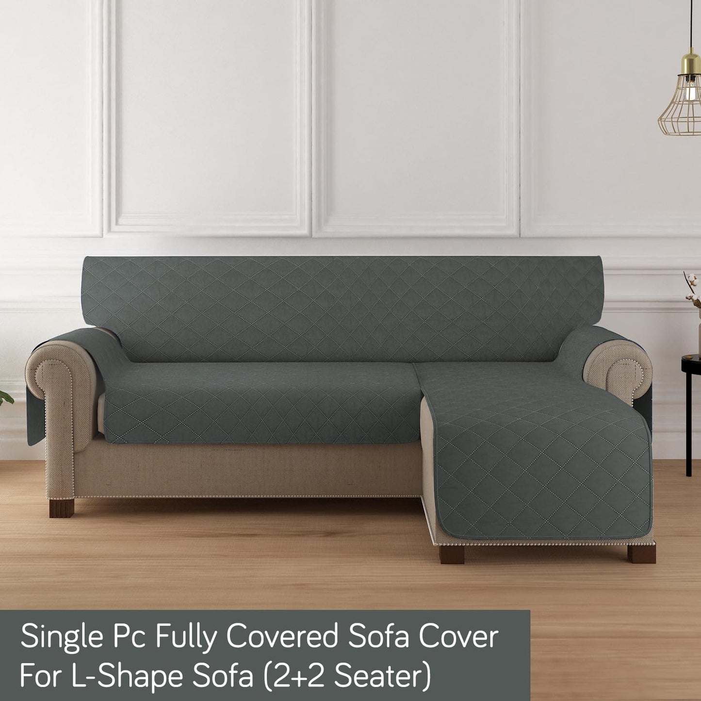 HOKIPO Quilted Reversible One Piece L Shape 4/5/6 Seater Sofa Cover Mat, Dark Grey