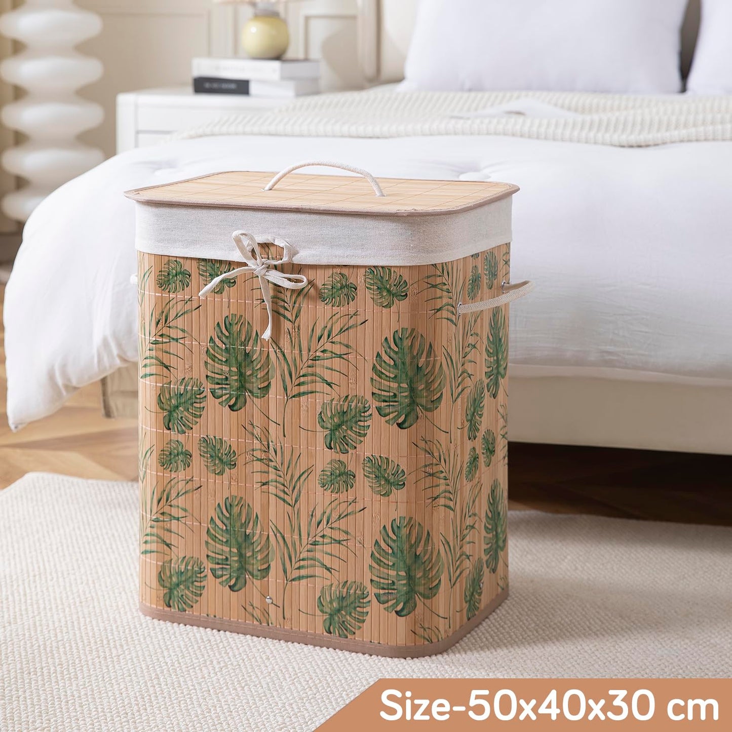 Eco-Friendly Foldable Bamboo Laundry Basket Hamper with Lid, Large - 60 Liter, Tropical Leaves