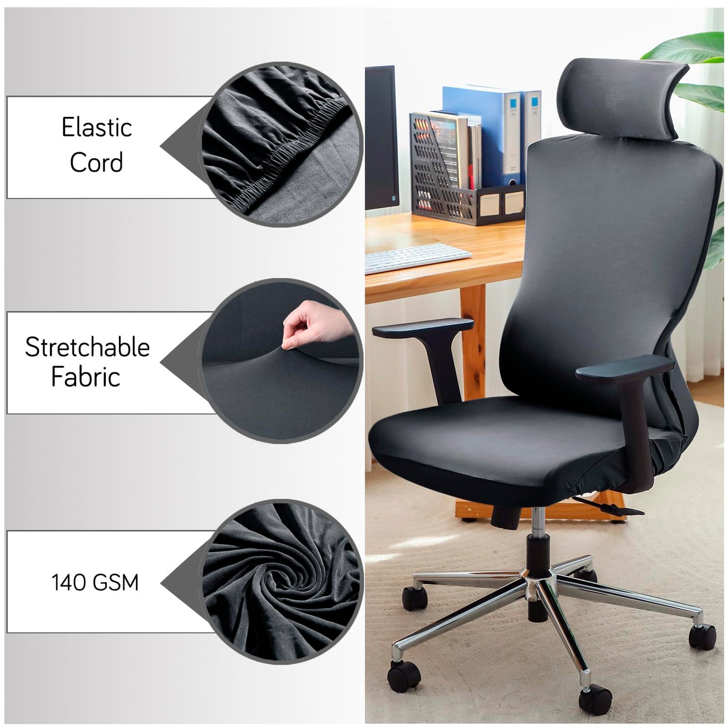 HOKIPO Office Chair Cover with Headrest and Stretchable Chair Seat Covers, Grey