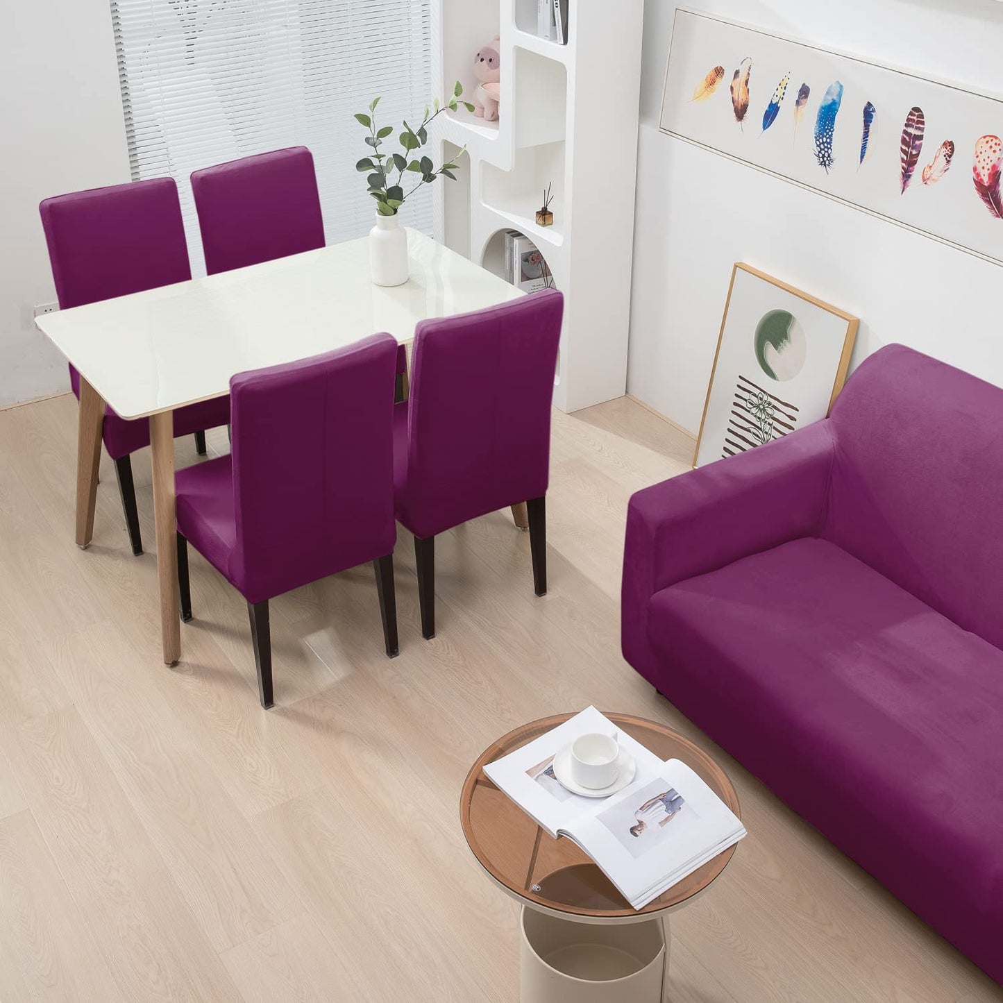 Purple matching elastic velvet chair and sofa covers