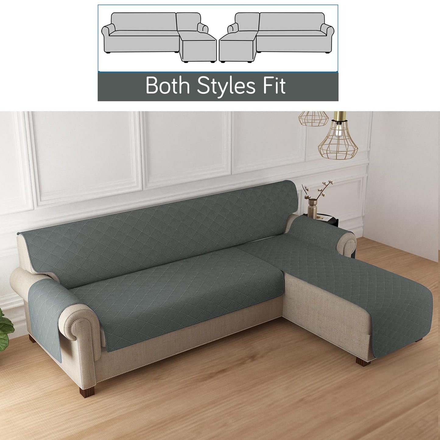 Quilted Reversible One Piece L Shape 4/5/6 Seater Sofa Cover Mat, Dark Grey