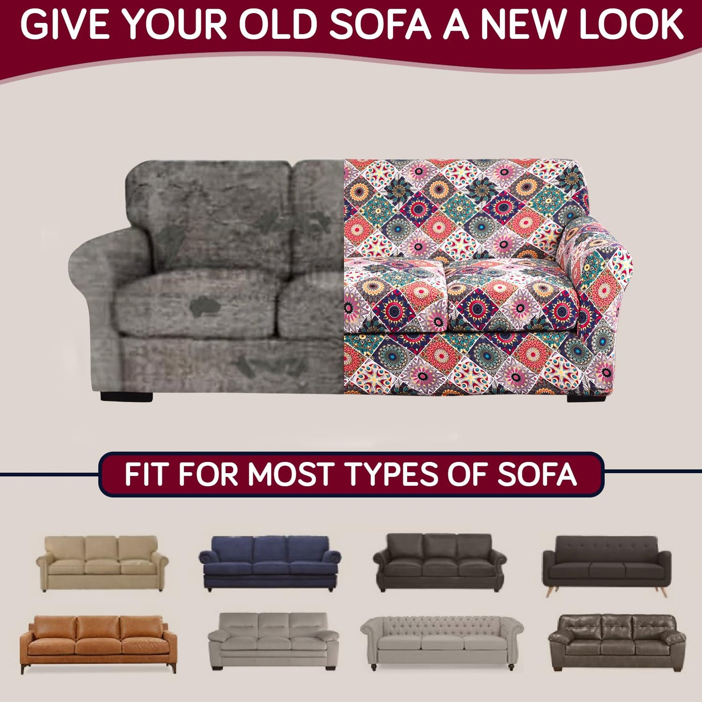 Printed Stretchable Sofa Slipcover with 1/2/3 Pc Separate Seat Cushion Cover for each 1/2/3 Seater, Spectrum Mosaic Magic