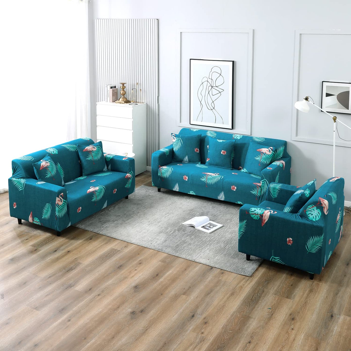 Teal Feather Floral Printed zippered square sofa cushion covers
