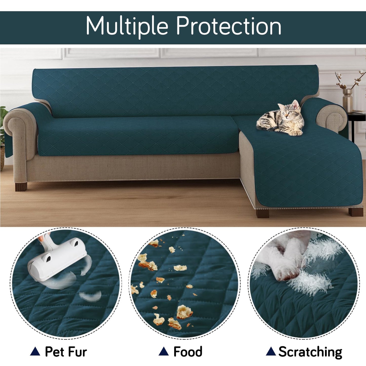 HOKIPO Quilted Reversible One Piece L Shape 4/5/6 Seater Sofa Cover Mat, Peacock Blue