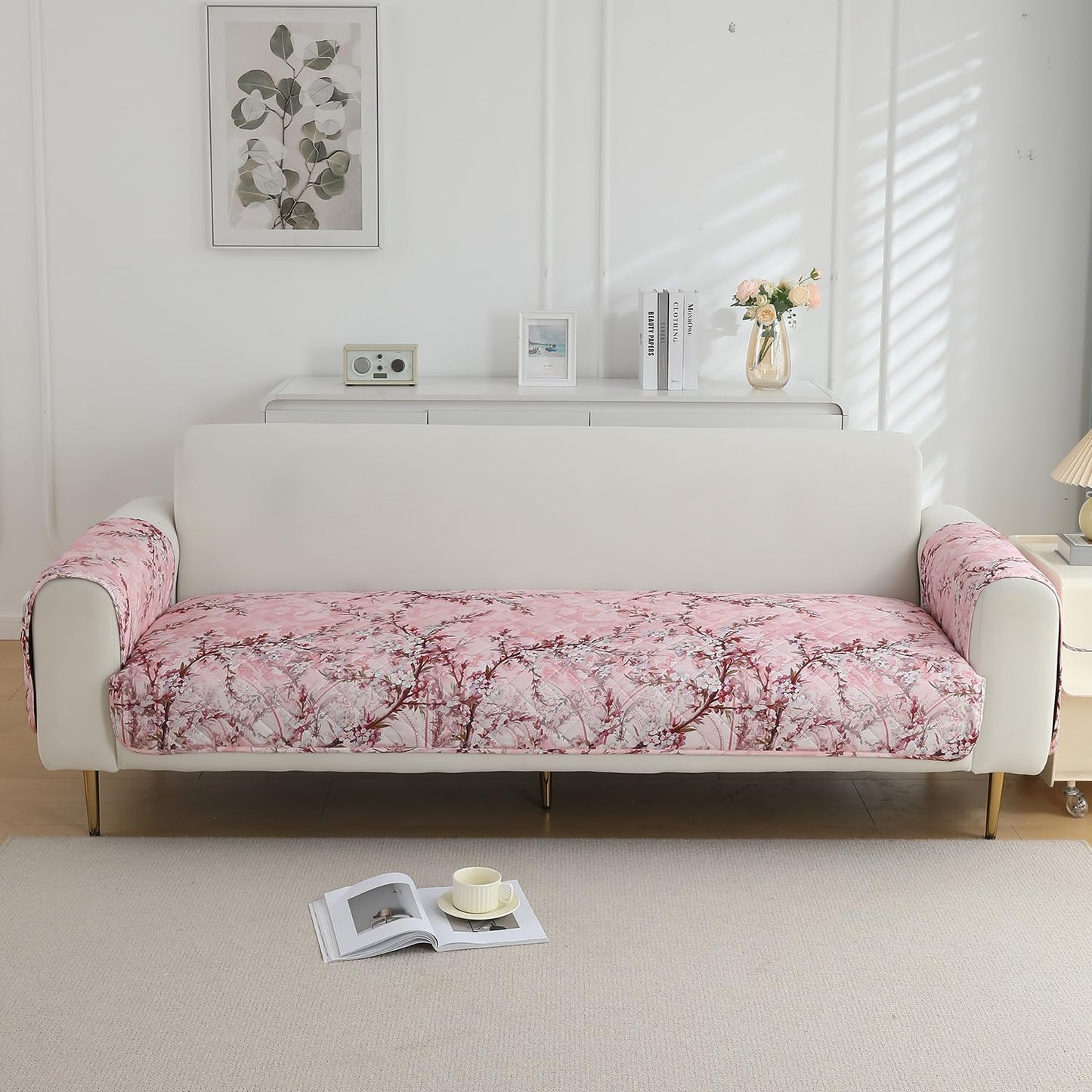 HOKIPO Quilted Waterproof Sofa Seat Mat with 2 Armrest Covers with Pockets, Blossom Flower Pink