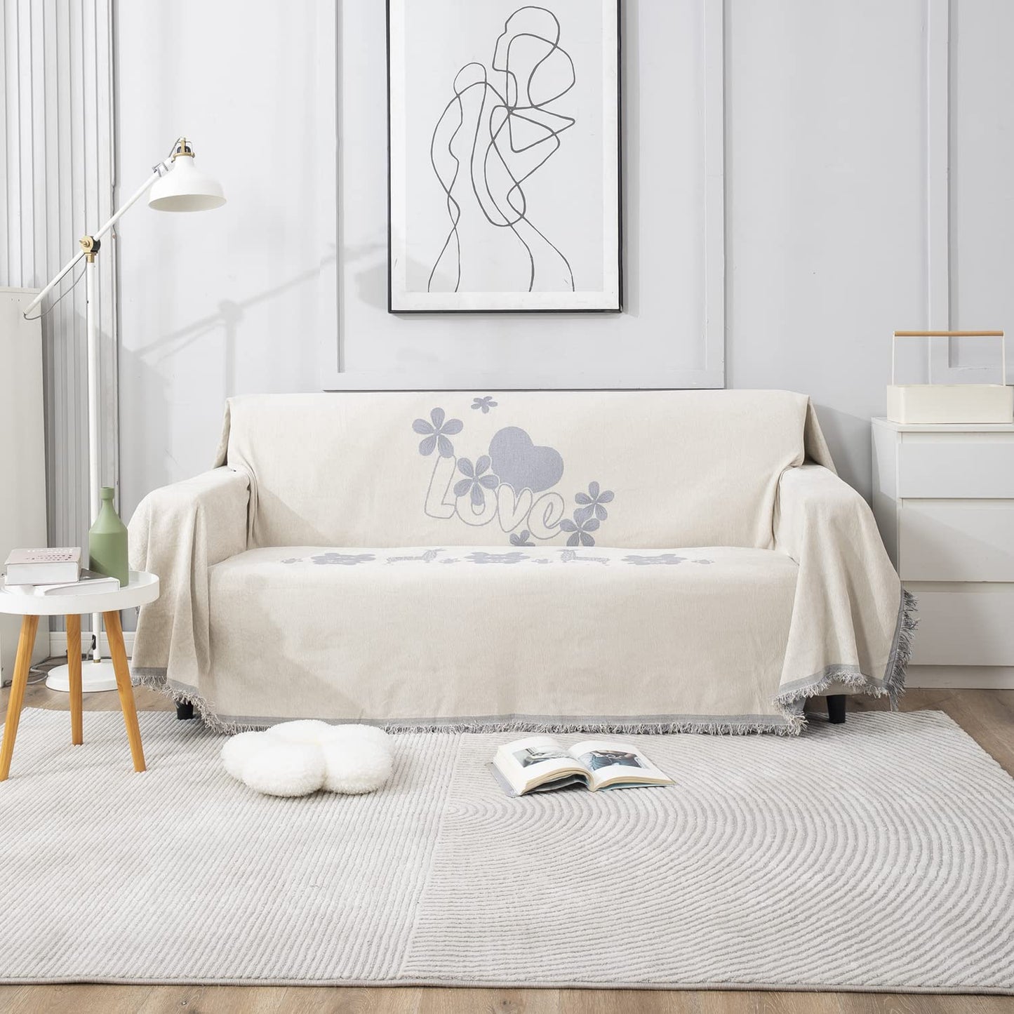 Off-White Nature, Soft and Pet Friendly Chenille Sofa Throw Cover