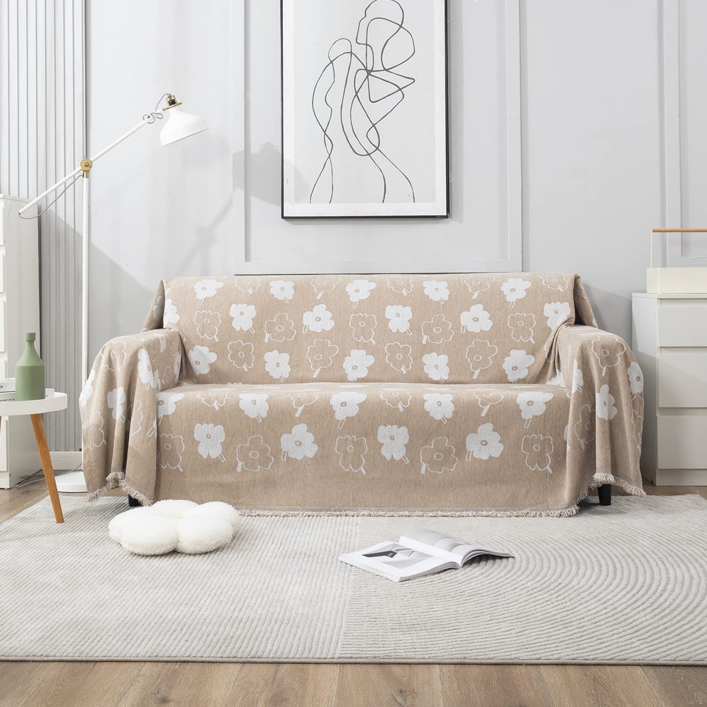 Beige Floral, Thick, Soft and Pet Friendly Chenille Sofa Cover Throw