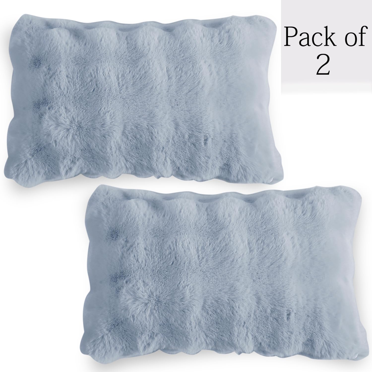 Buy Charm Blue Colour Zippered faux rabbit fur cushion covers in set of 2
