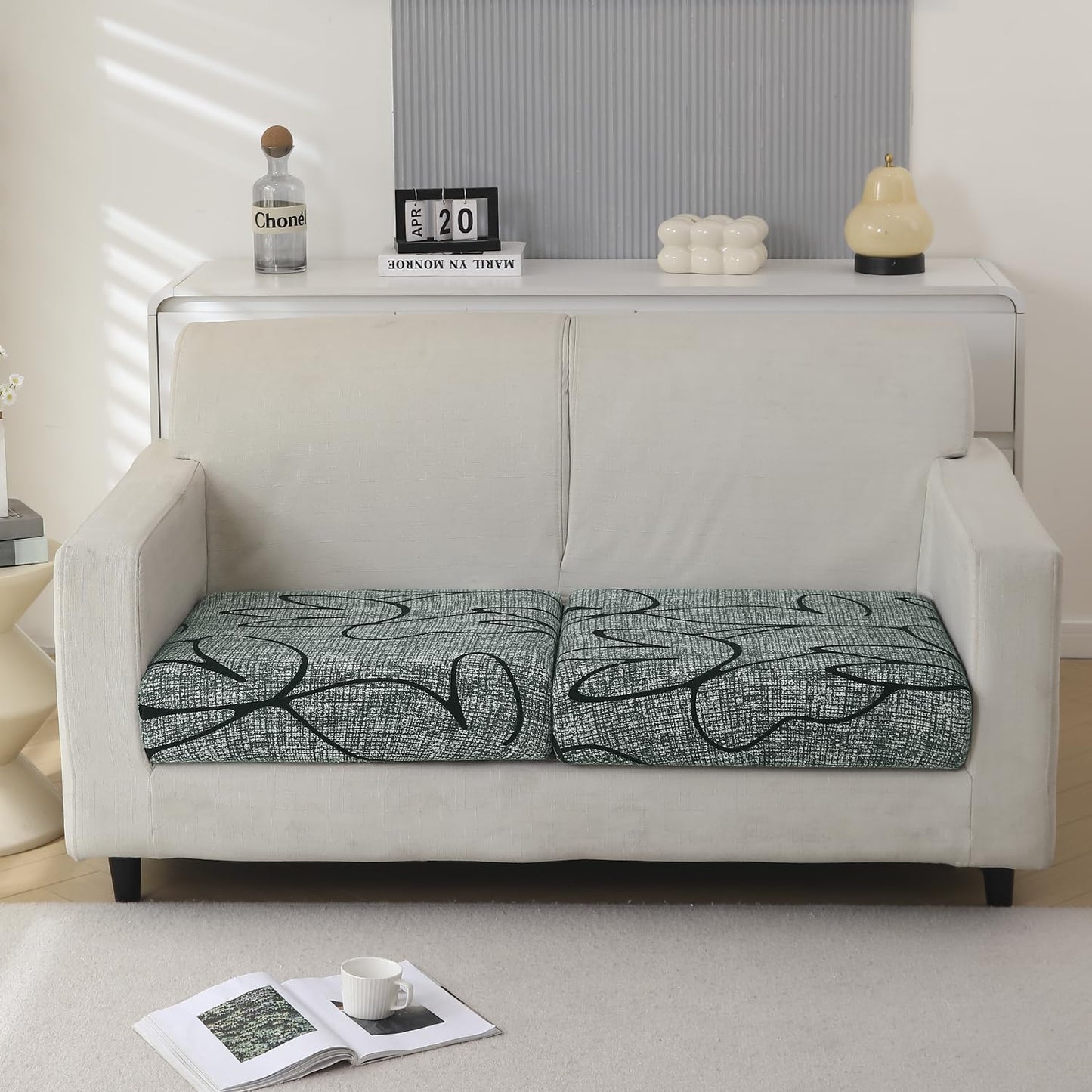 140 GSM Stretchable Printed Elastic Sofa Cushion Seat Cover for 1 /2 /3 Seaters / Pieces for Sofa, Intense Grey Abstract Floral