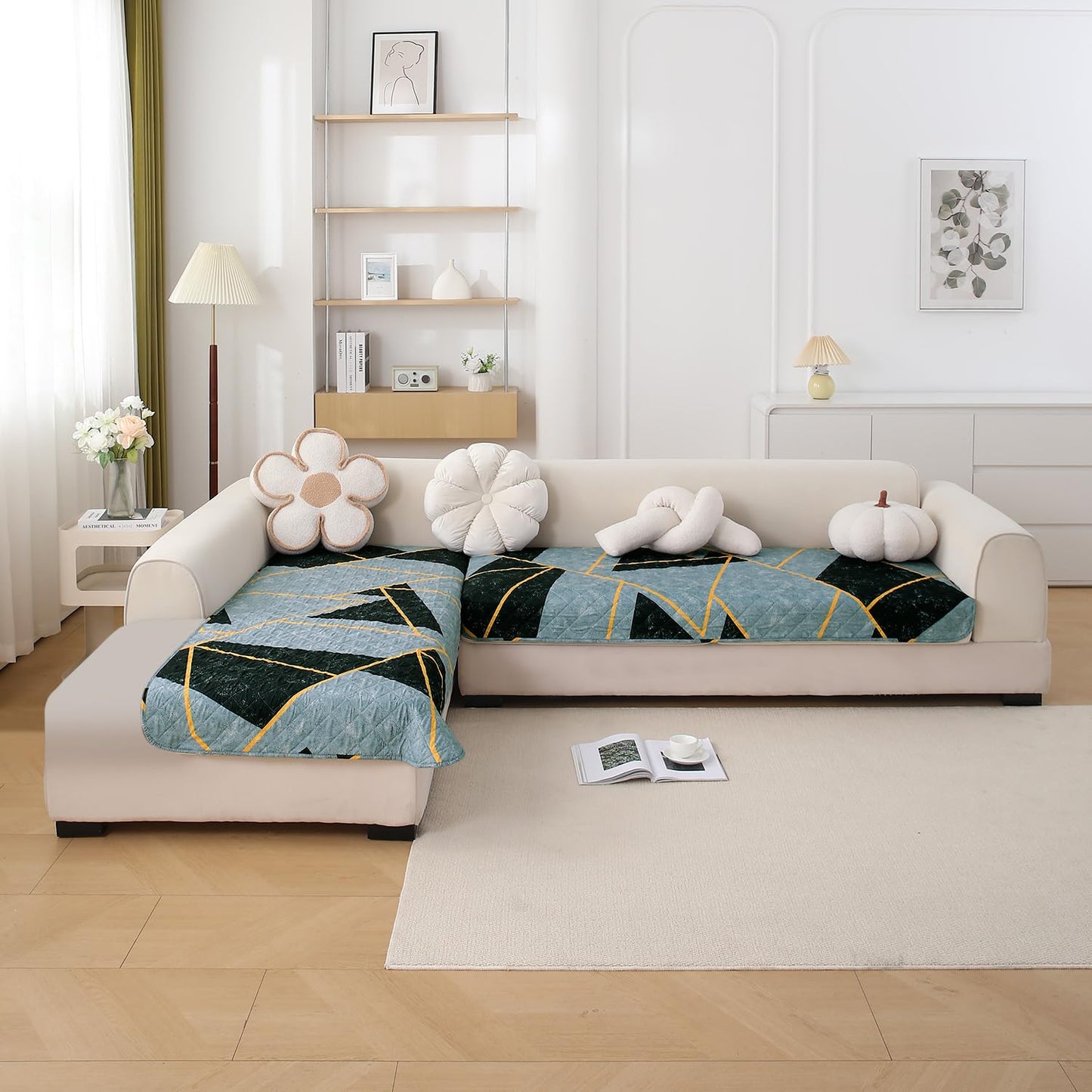 Waterproof Printed Quilted Quick Dry L Shape Sofa Seat Cover Mat, Multicolor Abstract Geometry