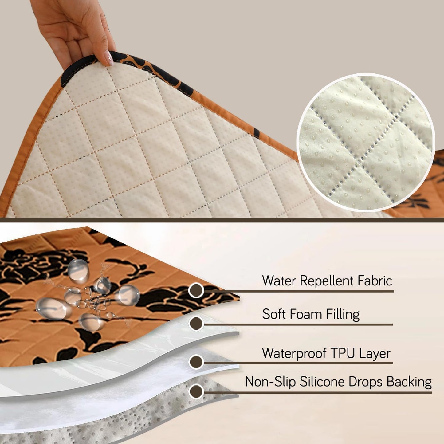 HOKIPO Waterproof Quilted Sofa Seat Mat for 1/2/3 Seater with 2 Armrest Covers with Pockets, Copper Brown Floral