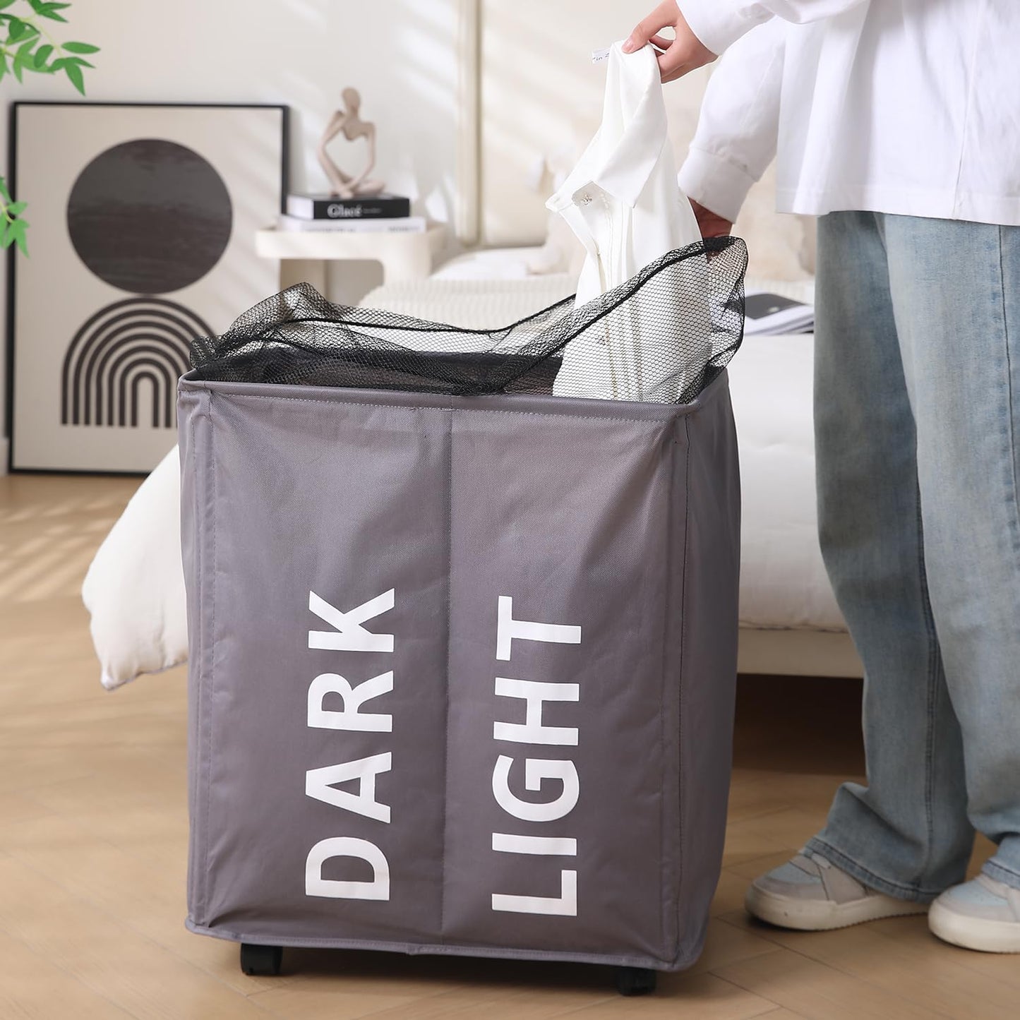 Large Laundry Basket Foldable Hamper With Wheels, Grey
