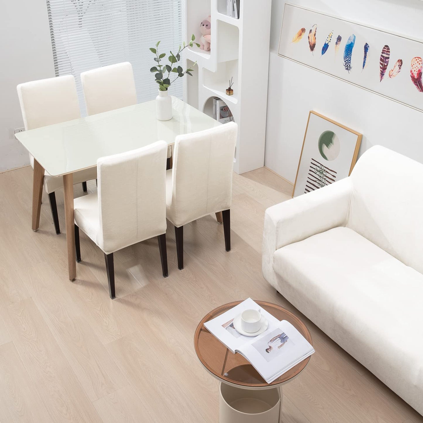 Beige matching elastic velvet chair and sofa covers
