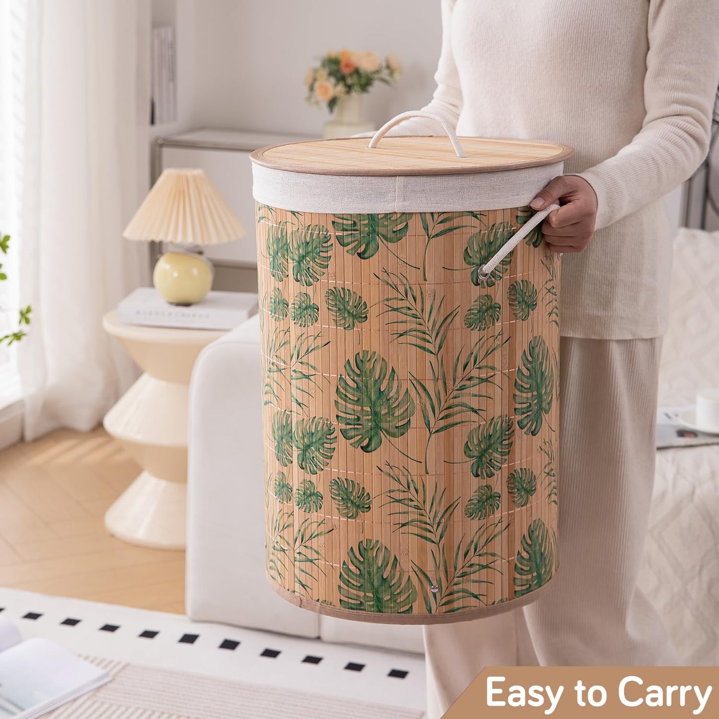 Eco-Friendly Foldable Bamboo Laundry Basket Hamper with Lid, Large, 61 Litre, Tropical Leaves