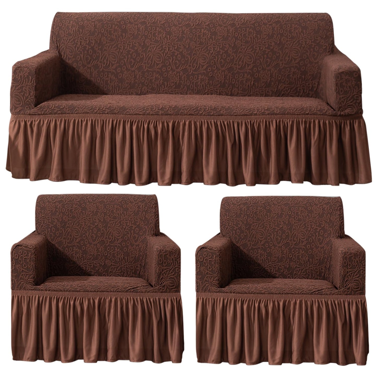 Elastic Stretchable Designer Woven Jacquard Sofa Cover with Frill and Cushion Cover, Pecan Brown