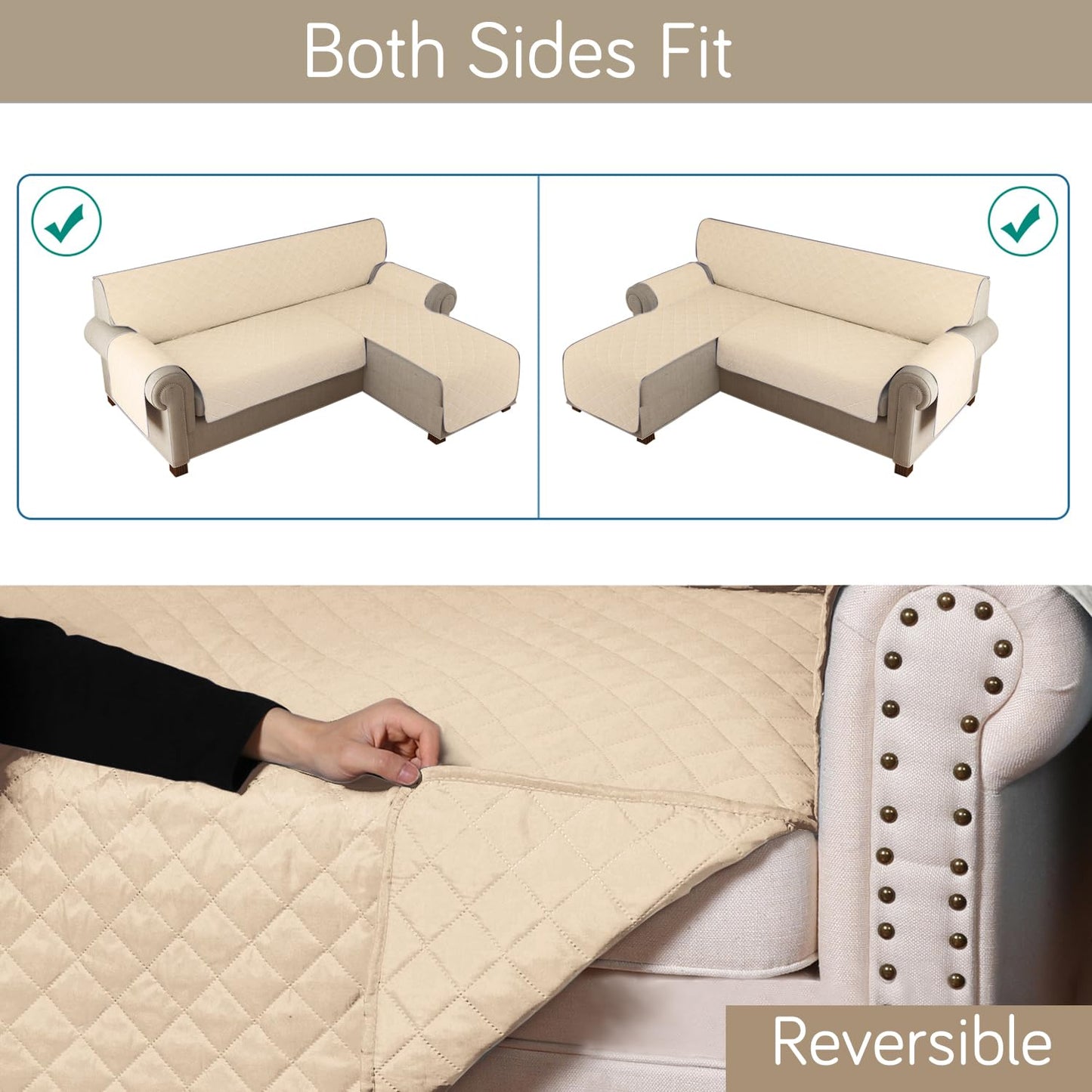 HOKIPO Quilted Reversible One Piece L Shape 4/5/6 Seater Sofa Cover Mat, Beige