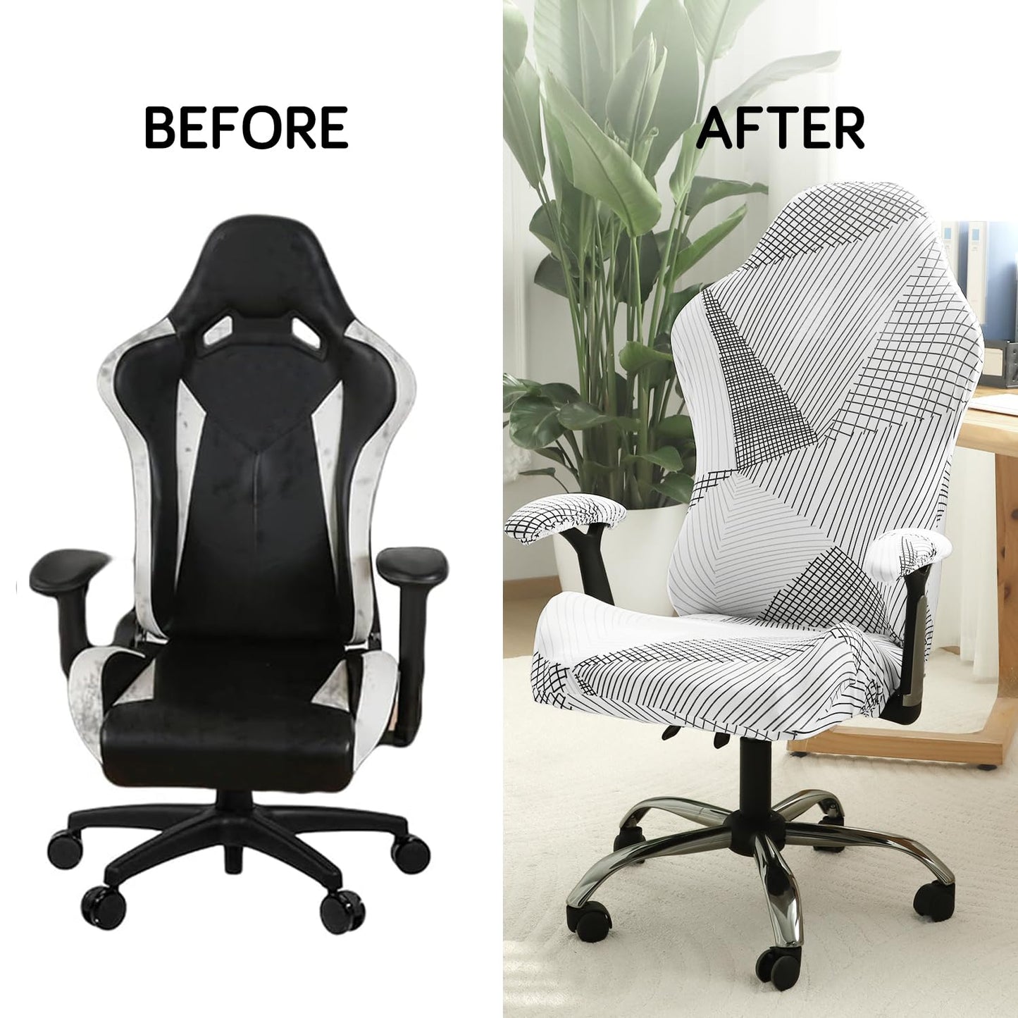 Gaming Chair Seat Cover Elastic Computer Rotating Chair, Snow White Black Geometry