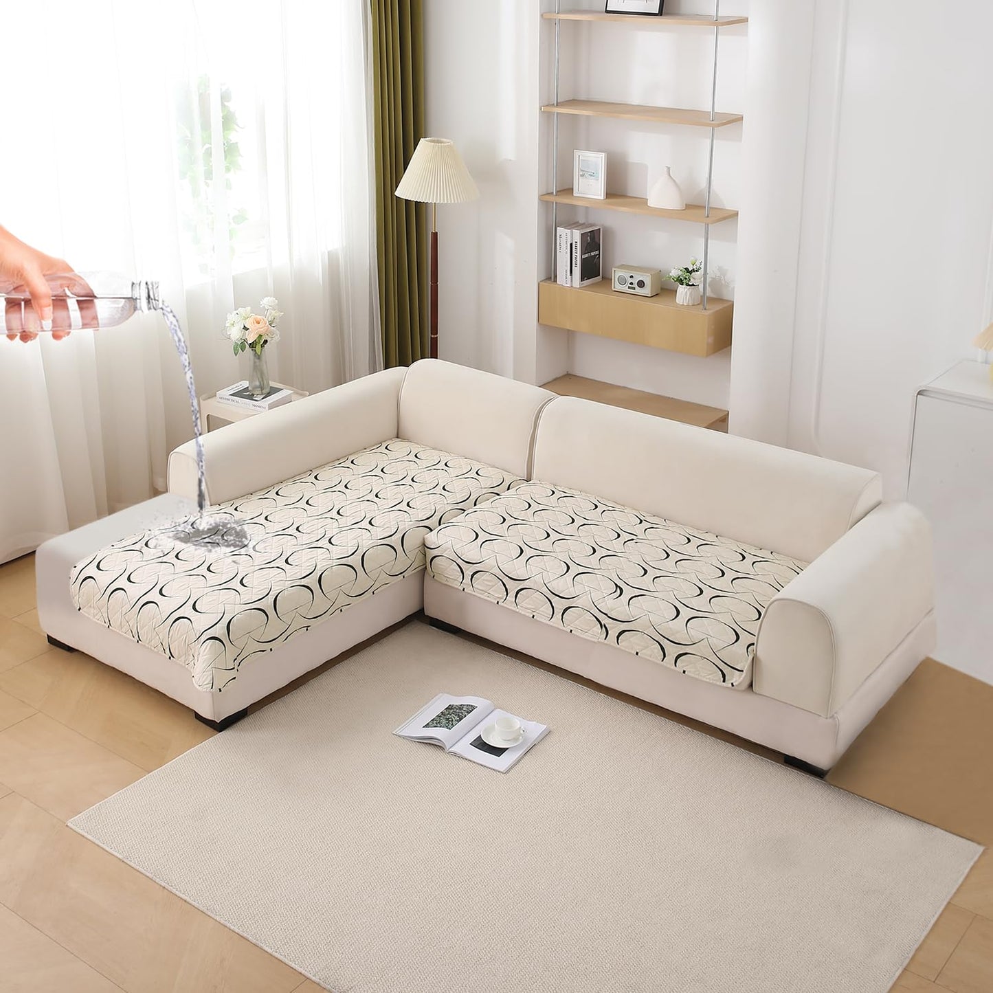 HOKIPO Waterproof Printed Quilted Quick Dry L Shape Sofa Seat Cover Mat, Natural Beige Abstract Art
