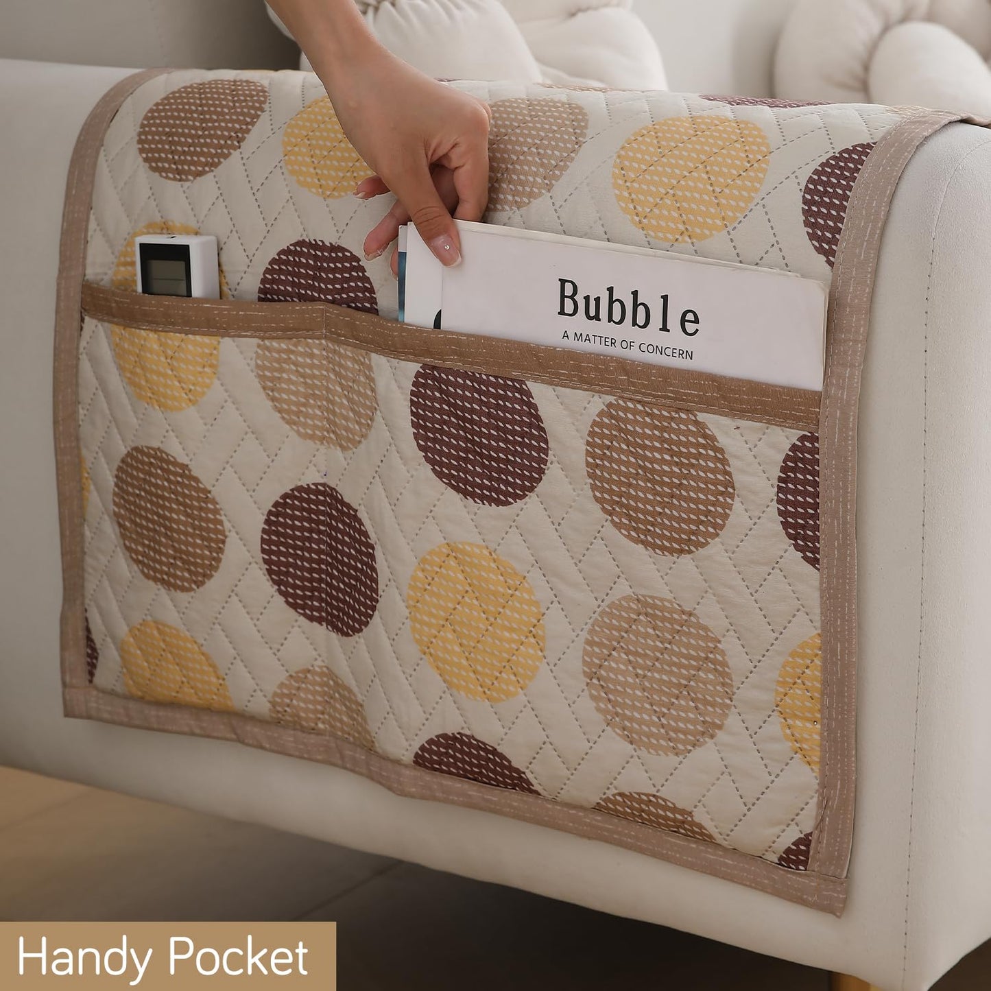 Quilted Sofa Seat Mat for 1/2/3 Seater with 2 Armrest Covers with Pockets, Brown Polka Dot