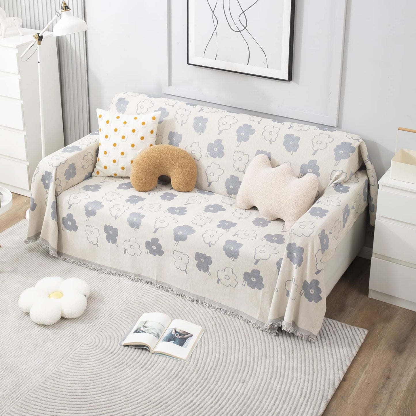 Thick, Soft and Pet Friendly Chenille Sofa Cover Throw, Off-White Floral