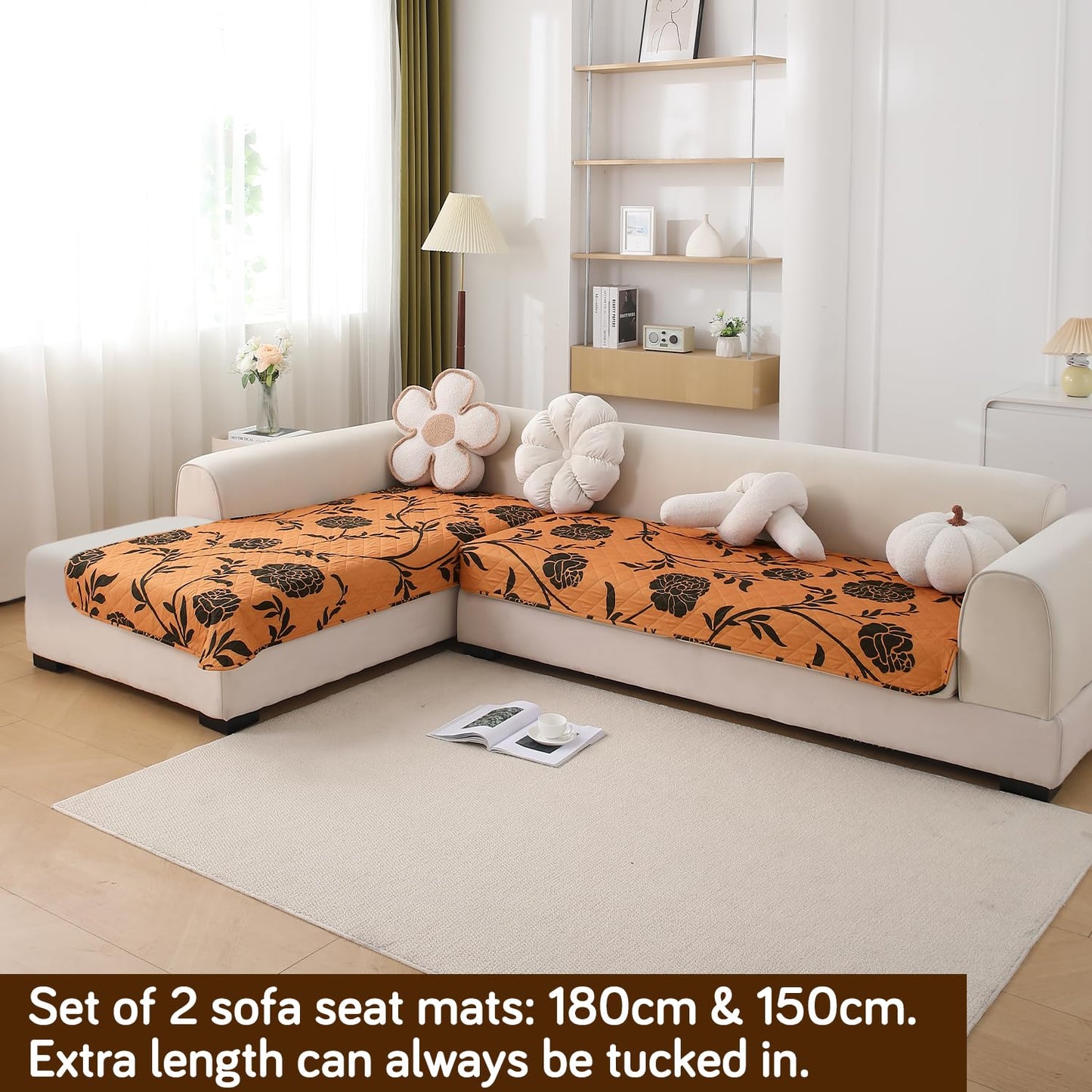Waterproof Printed Quilted Quick Dry L Shape Sofa Seat Cover Mat, Copper Brown Floral
