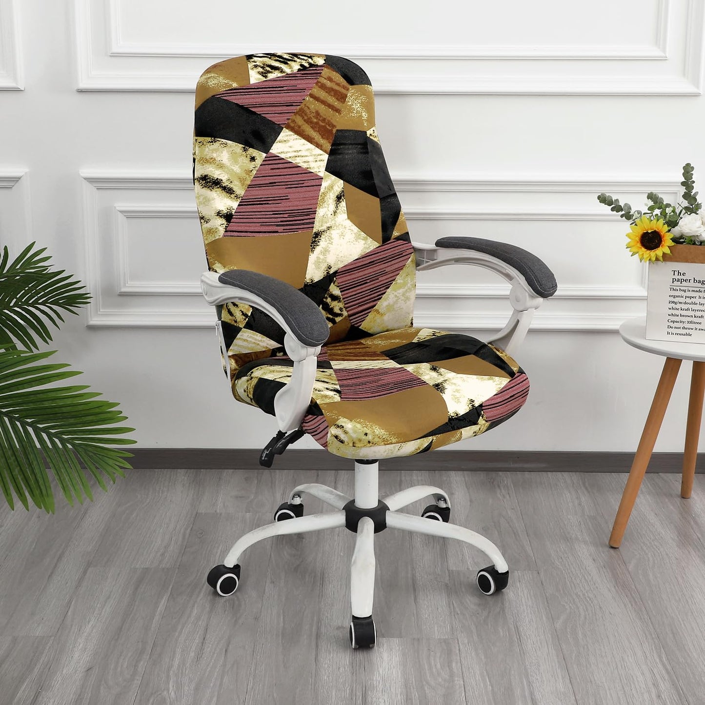 HOKIPO 140gsm Stretchable Office Chair Cover, Wine Abstract Geometry - Medium / Large