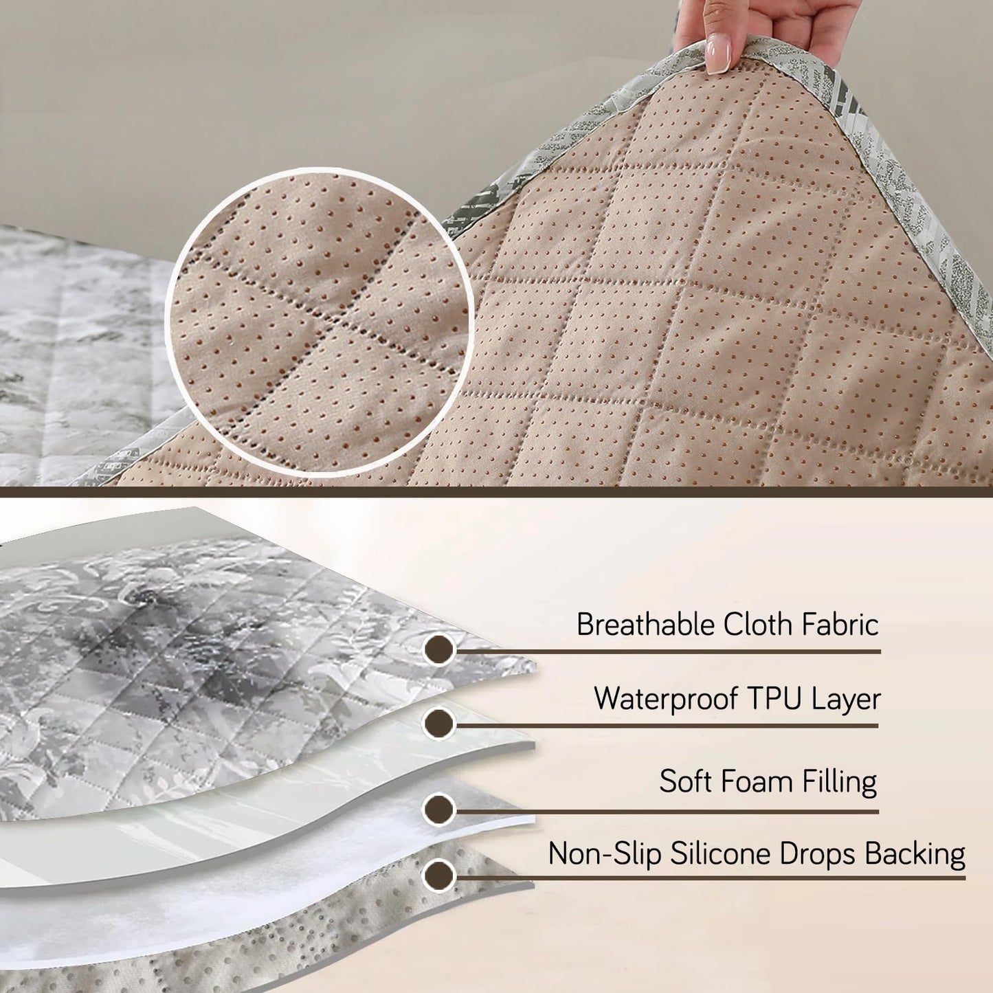 HOKIPO Quilted, Waterproof and Anti-Slip Sofa Cover Mat, Motifs Cloud Grey