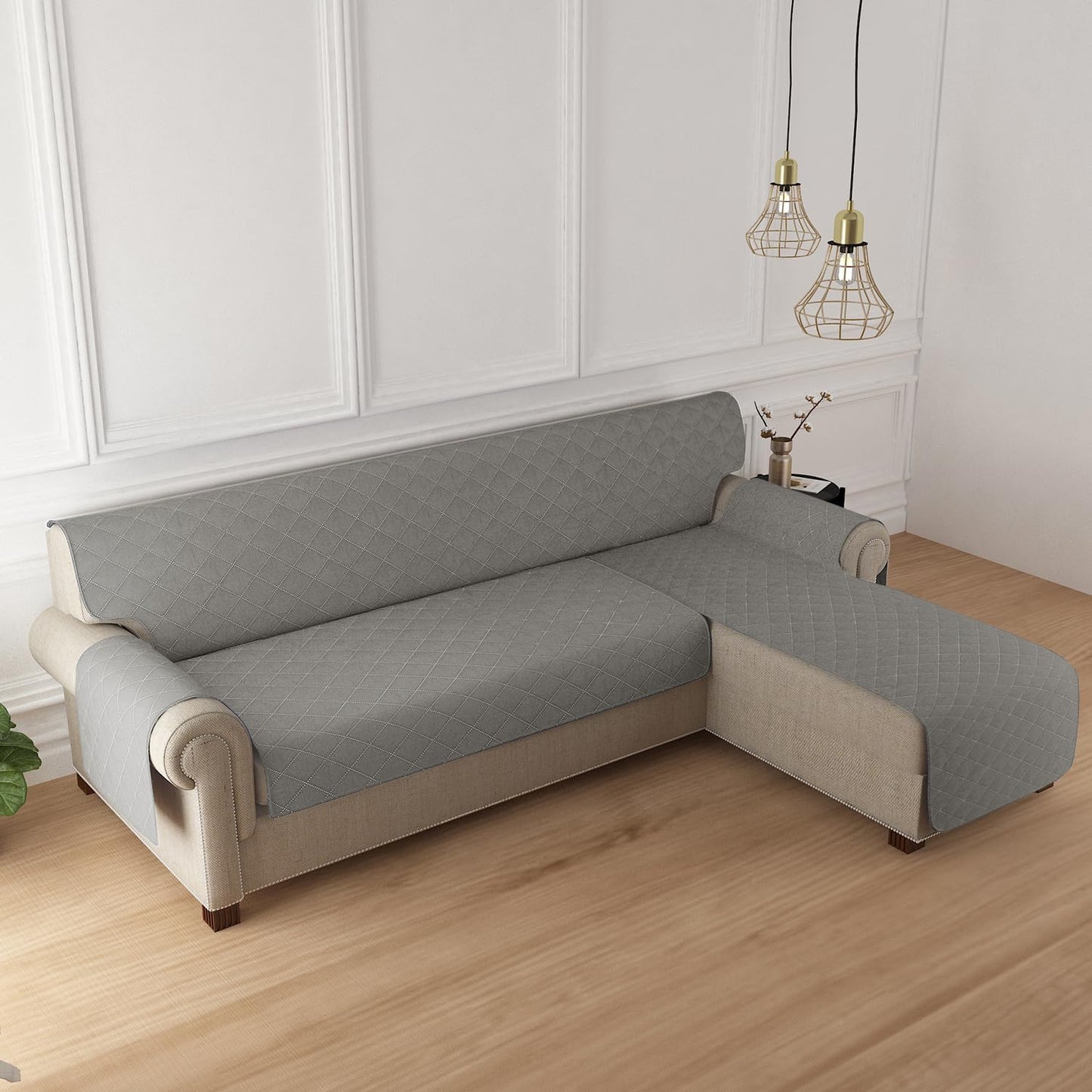 HOKIPO Quilted Reversible One Piece L Shape 4/5/6 Seater Sofa Cover Mat, Light Grey