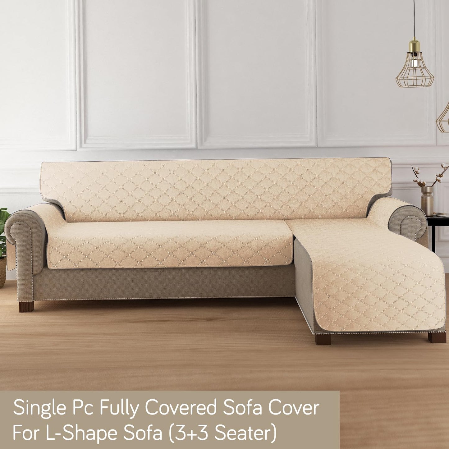 HOKIPO Quilted Reversible One Piece L Shape 4/5/6 Seater Sofa Cover Mat, Beige