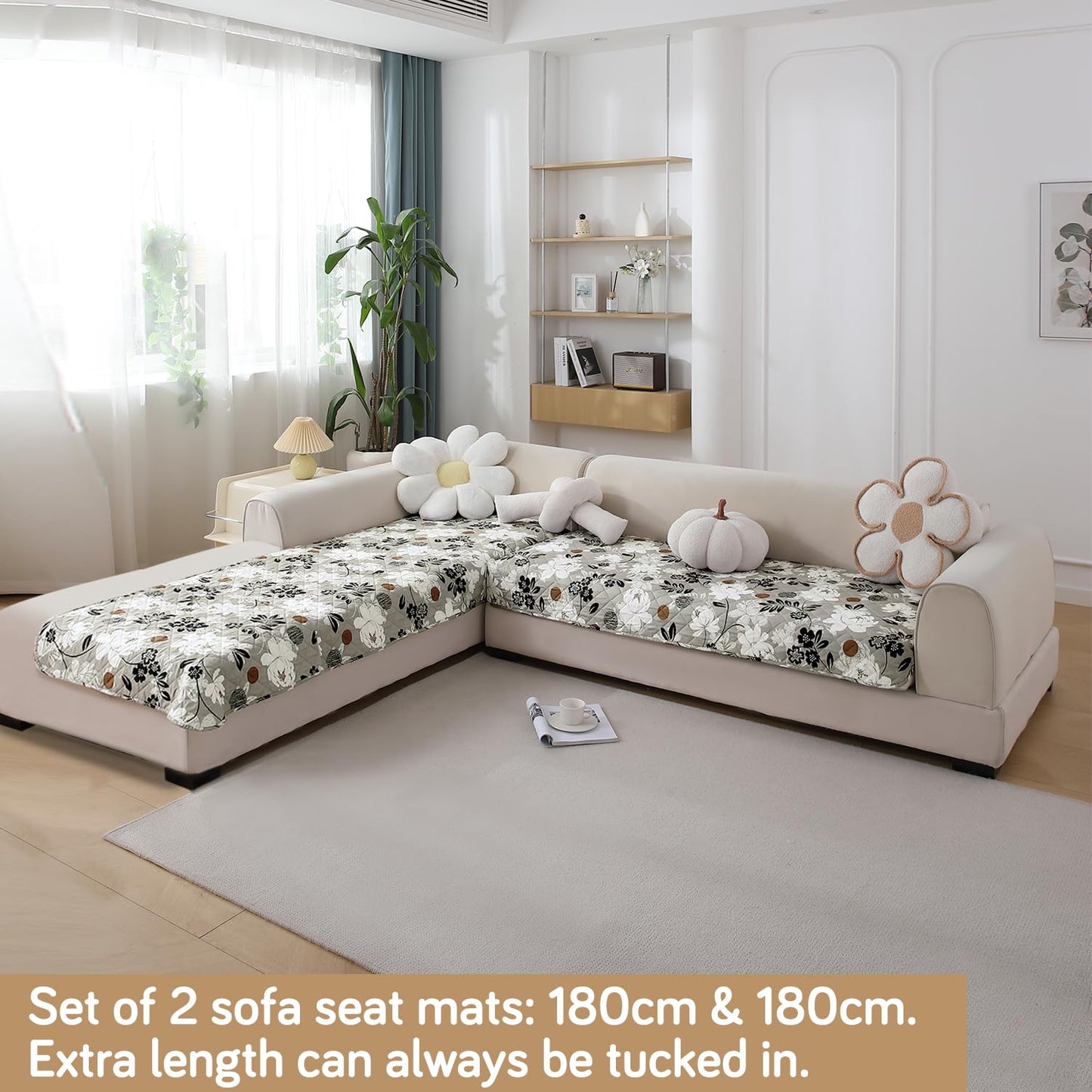Waterproof Printed Quilted Quick Dry L Shape Sofa Seat Cover Mat, Feather Brown Floral