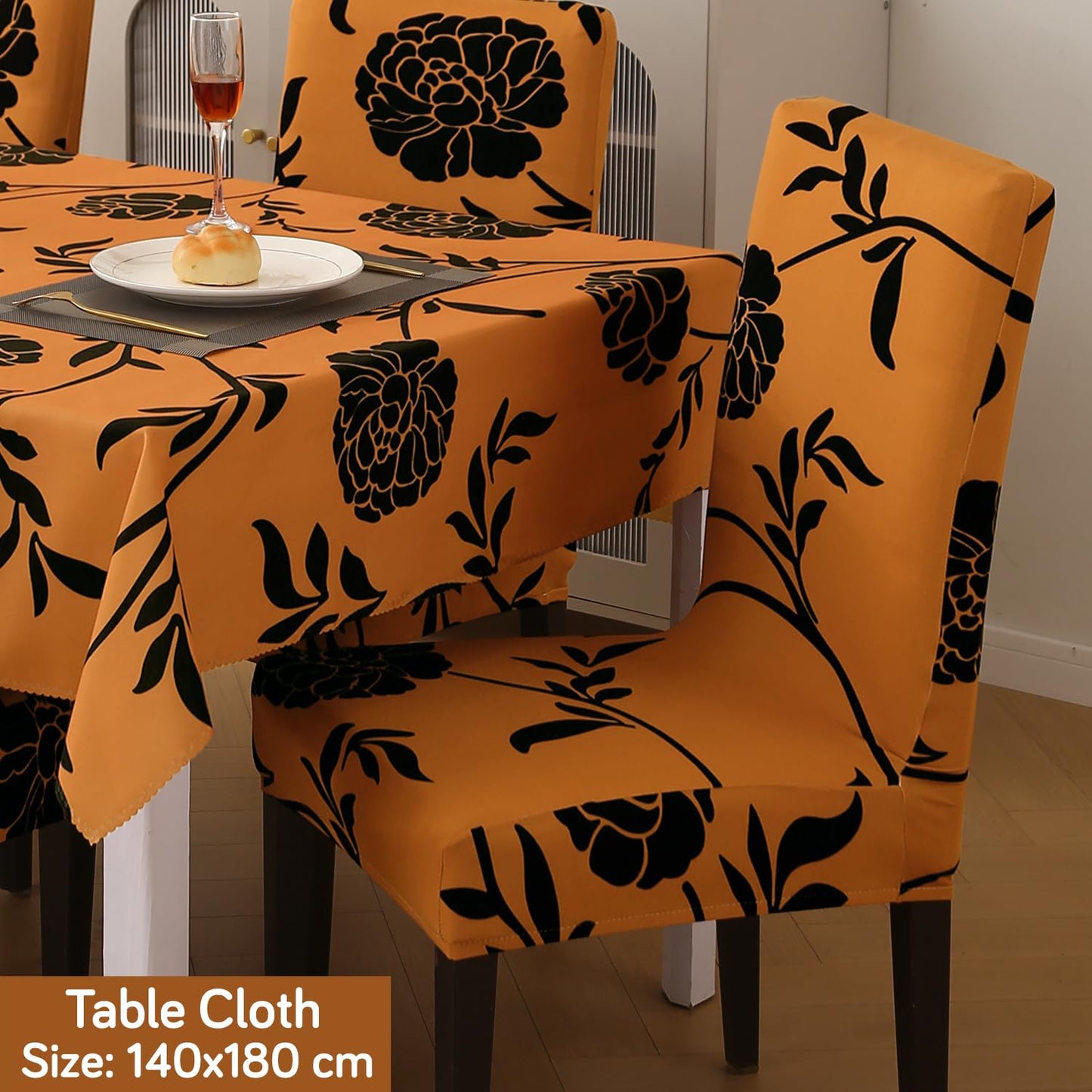 Elastic Dining Chair Covers with Matching Tablecloth, Copper Brown Floral