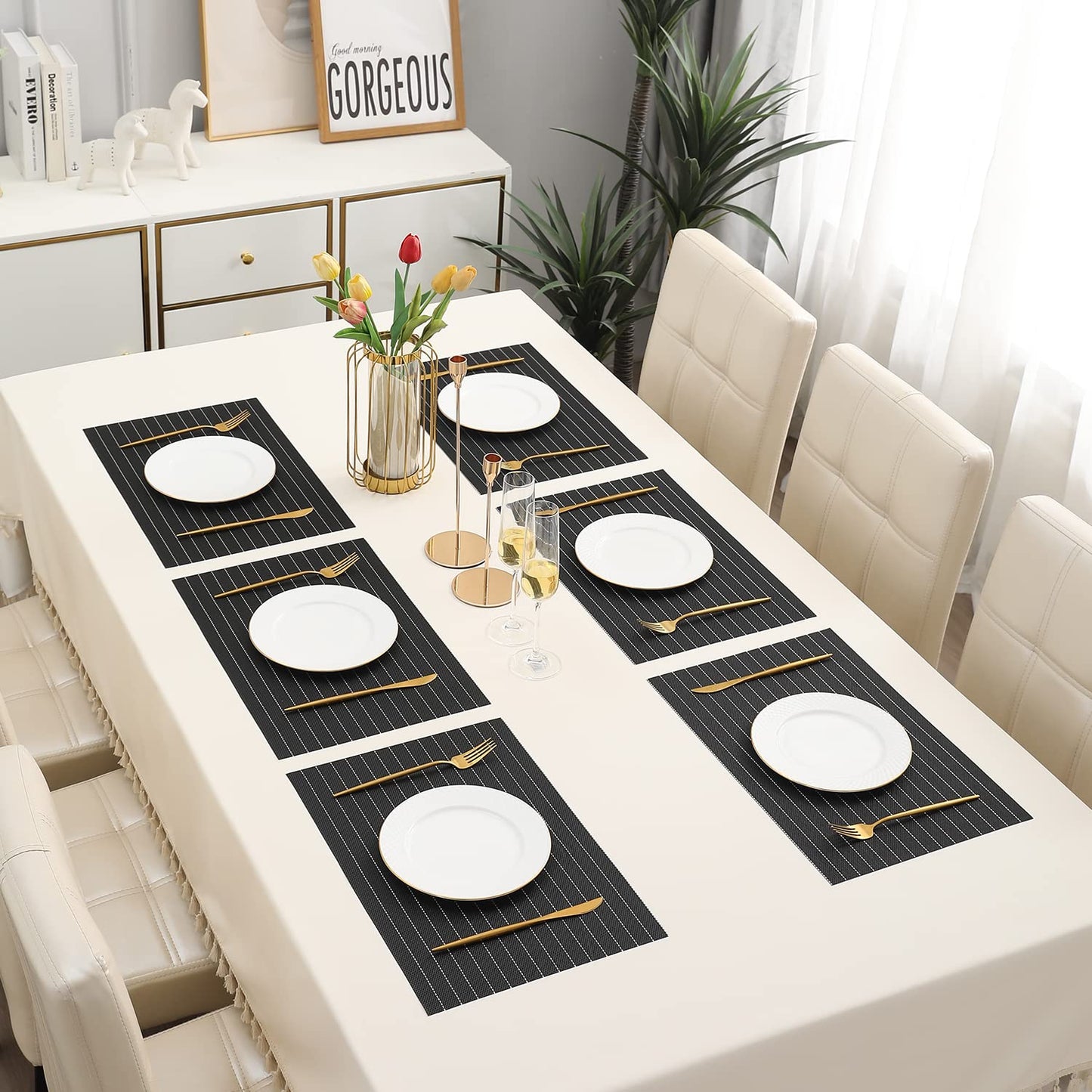 PVC Dining Table Mats, Striped Black