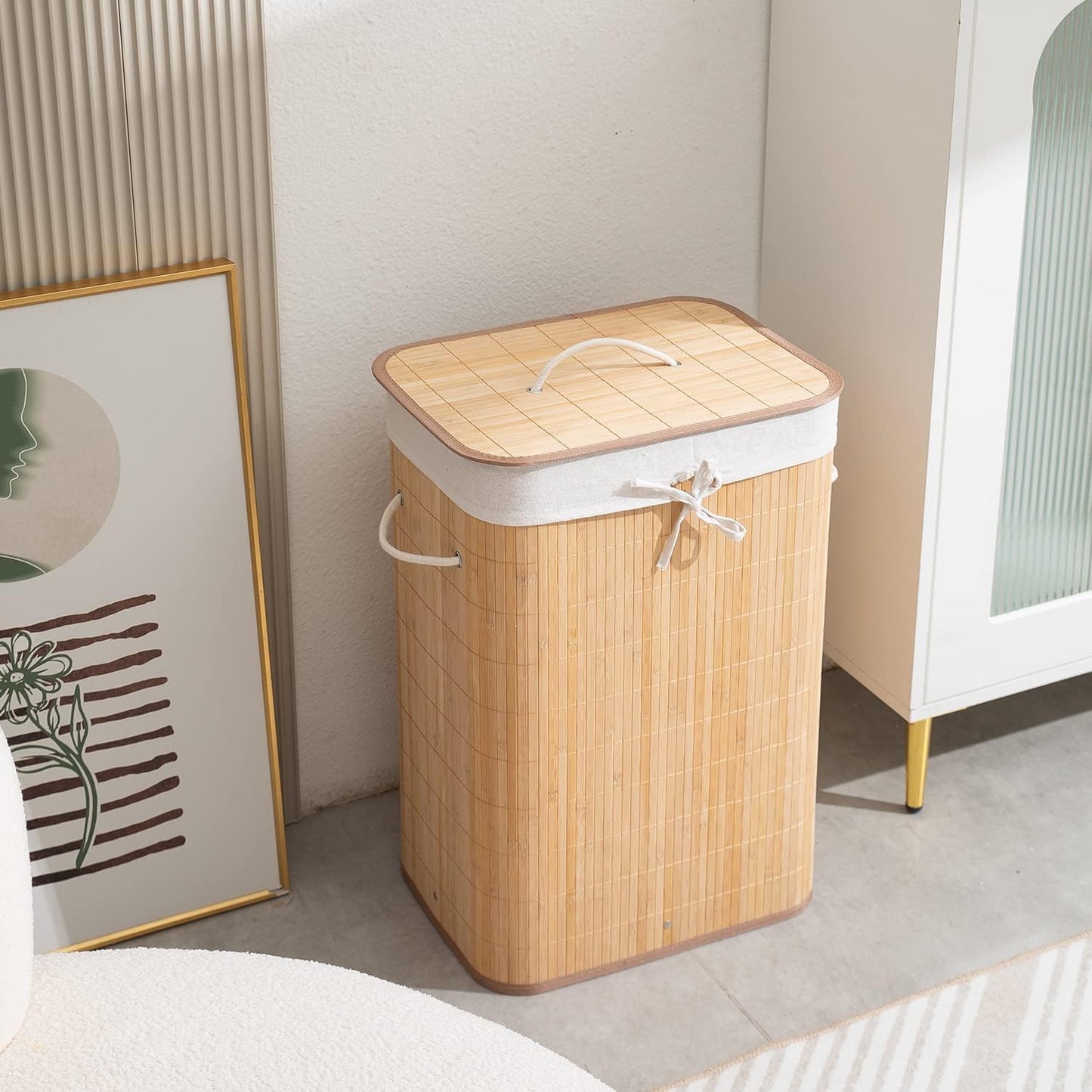 Eco-Friendly Foldable Bamboo Laundry Basket Hamper with Lid, Large - 81 Liter, Light Brown