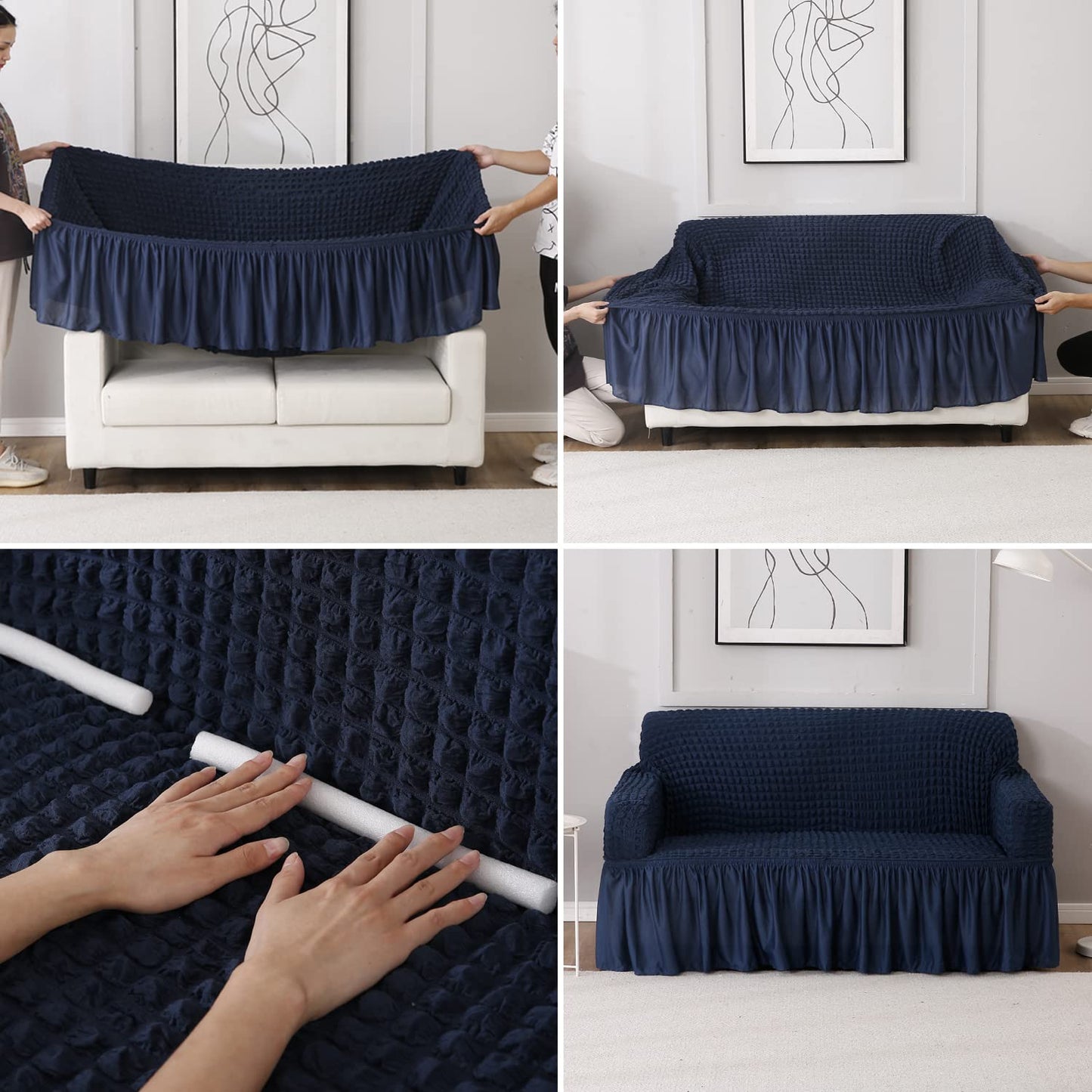 How to put Navy Blue stretchable Turkish Bubble frill sofa cover guide