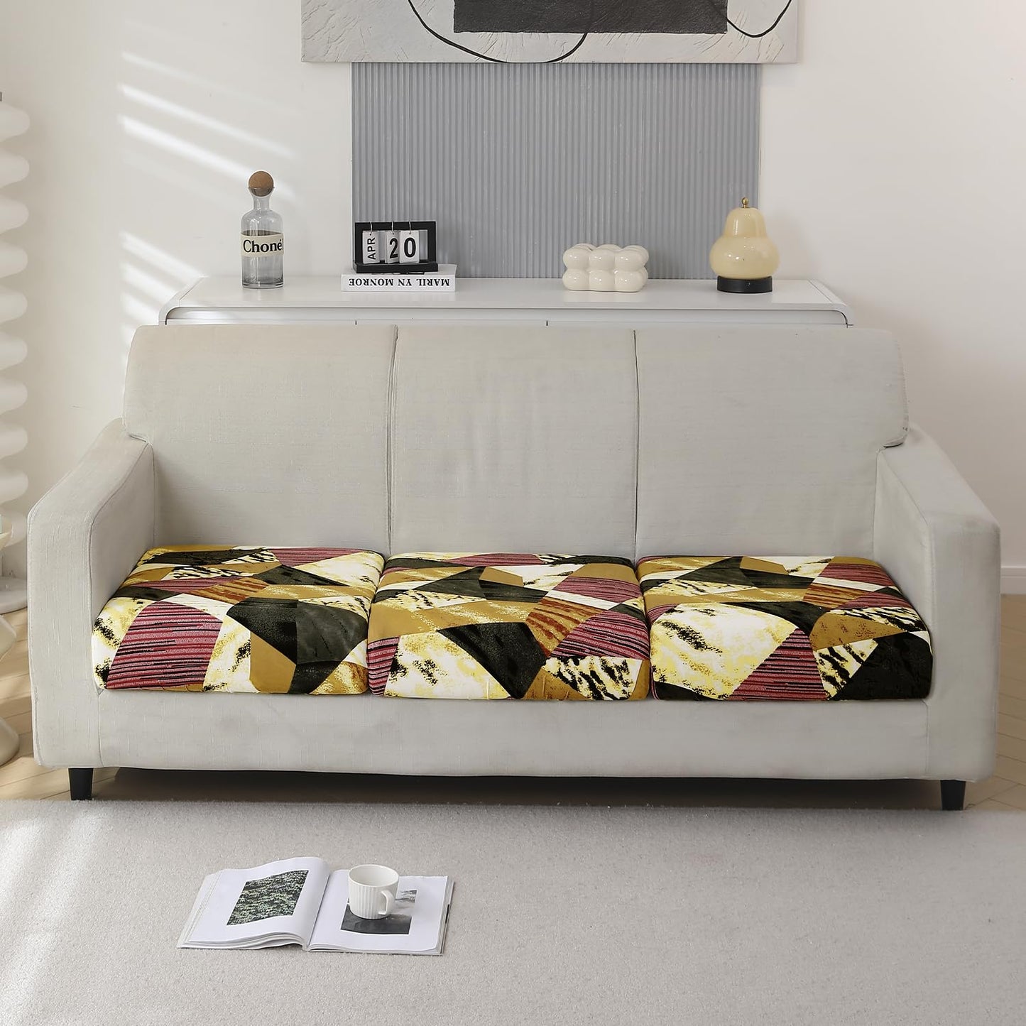 140 GSM Stretchable Printed Elastic Sofa Cushion Seat Cover for 1 /2 /3 Seaters / Pieces for Sofa, Wine Abstract Geometry