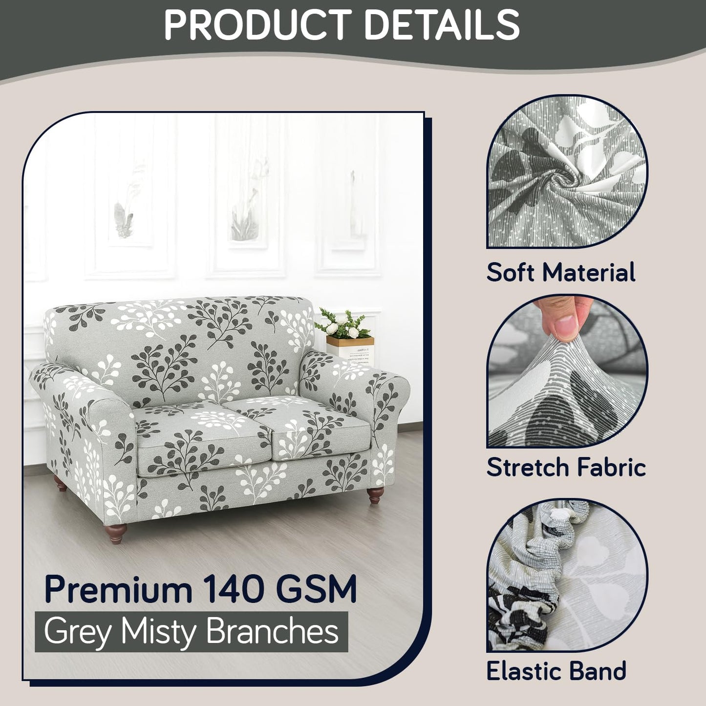 Printed Stretchable Sofa Slipcover with 1/2/3 Pc Separate Seat Cushion Cover for each 1/2/3 Seater, Grey Misty Branches