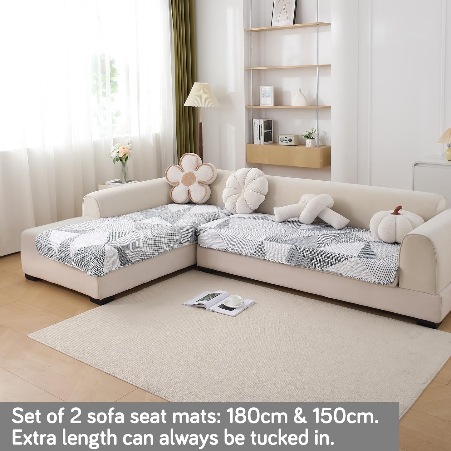 Waterproof Printed Quilted Quick Dry L Shape Sofa Seat Cover Mat, Snow White Black Geometry