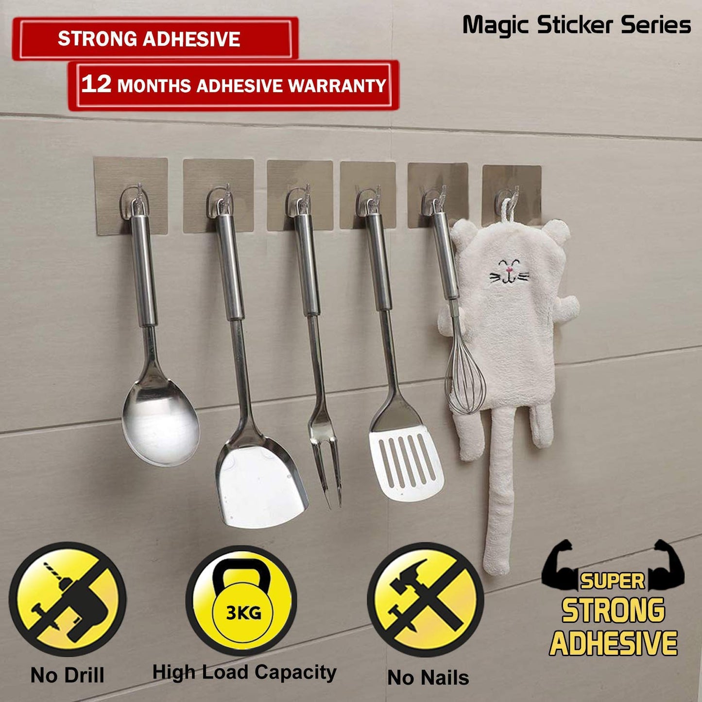 Magic Sticker Series Self Adhesive Hooks, Pack of 6/12 (Load Bearing Capacity of 3 KG Each Hook)