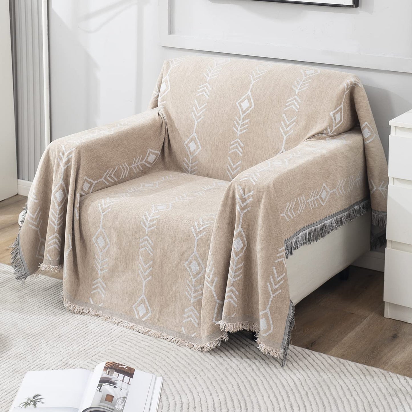 Beige Aztec, Thick, Soft and Pet Friendly Chenille Sofa Cover Throw