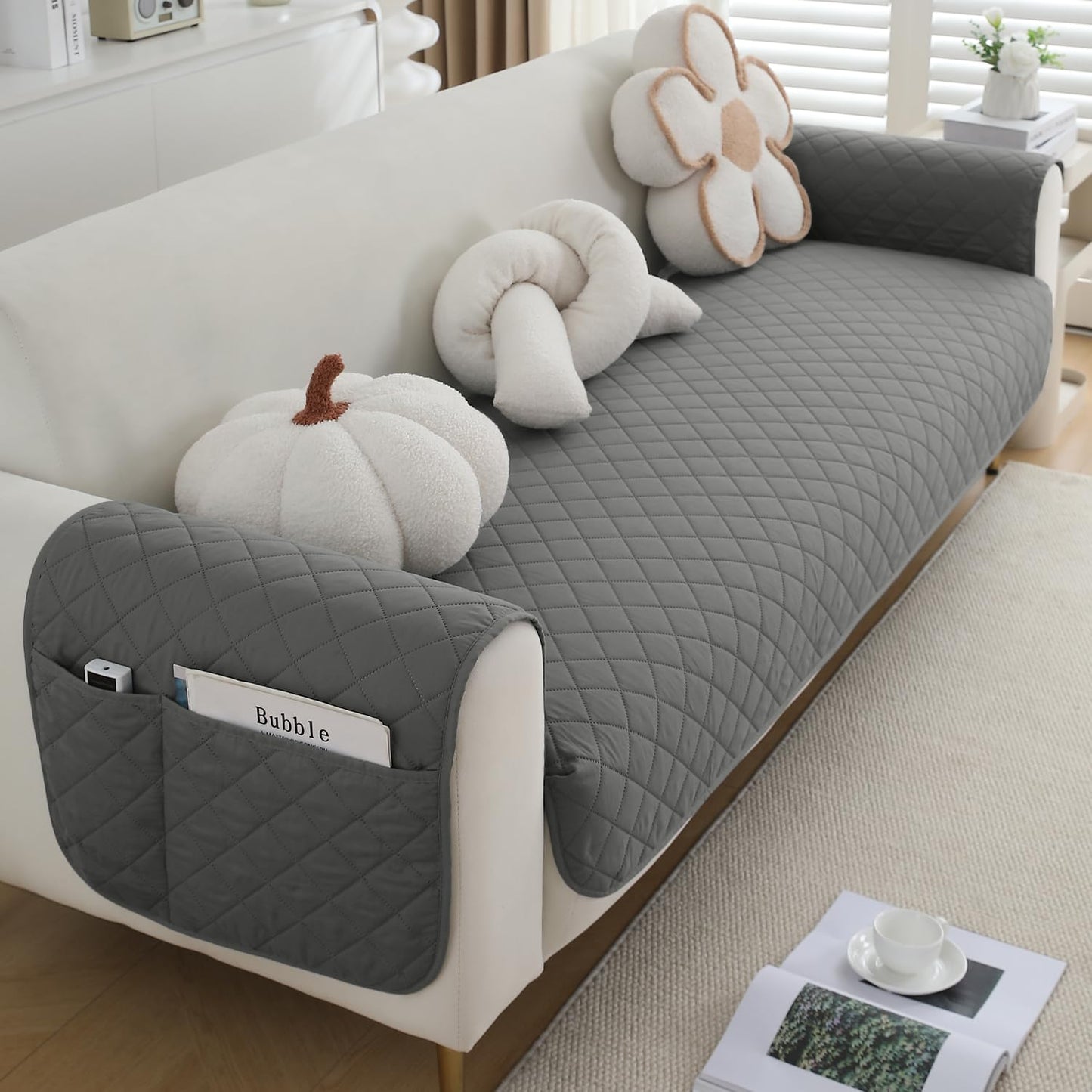 HOKIPO Quilted Waterproof Sofa Seat Mat with 2 Armrest Covers with Pockets, Light Grey