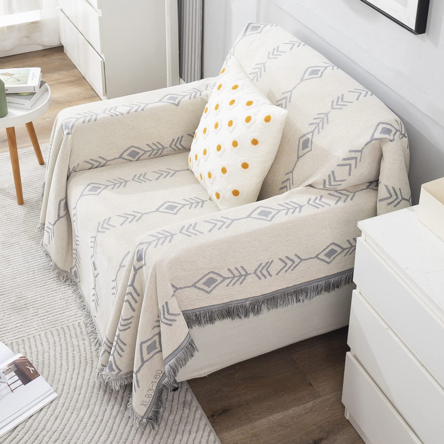 Thick, Soft and Pet Friendly Chenille Sofa Cover Throw, Off-White Aztec