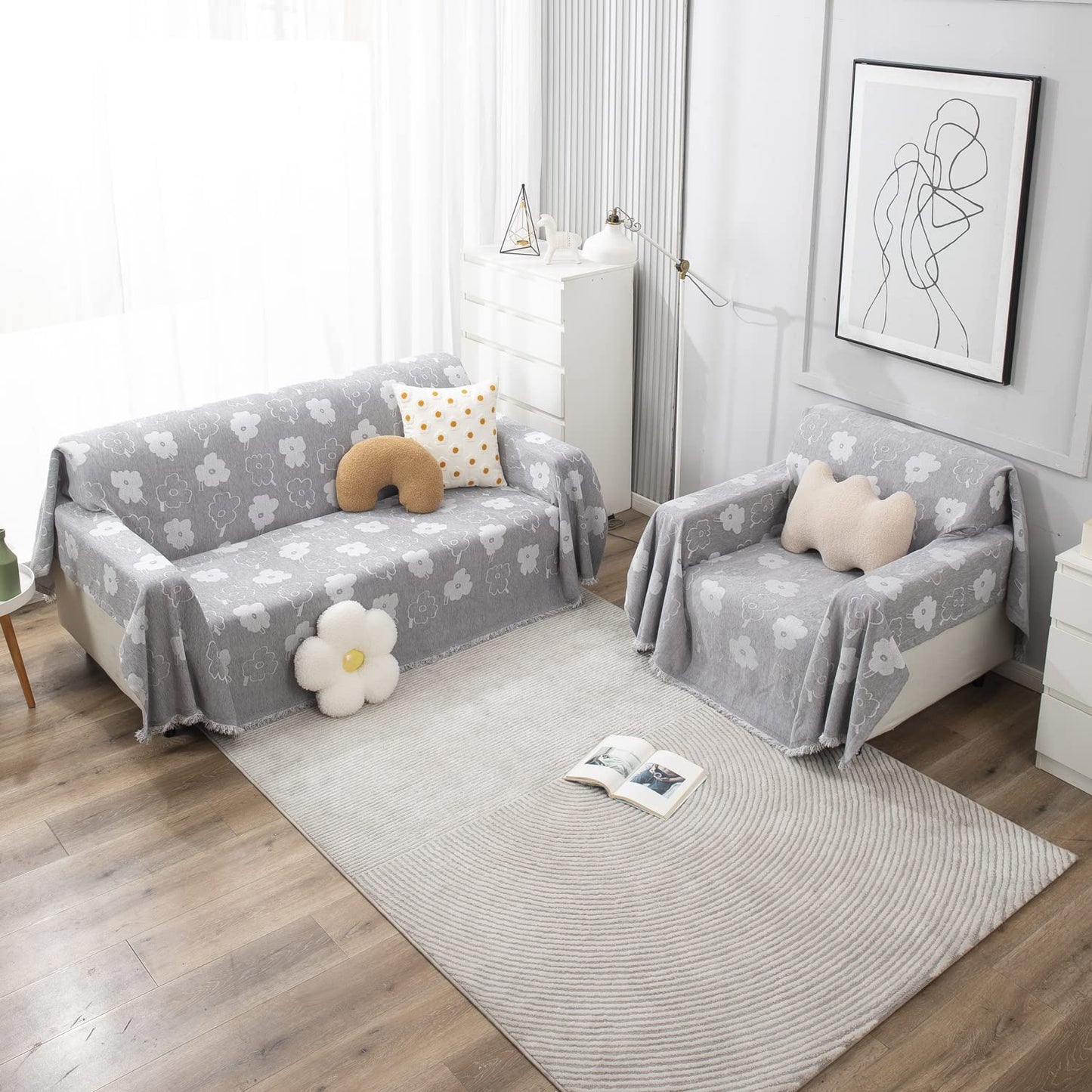 Grey Floral Chenille Sofa Throw | Thick & Soft for 1/2/3 Seater